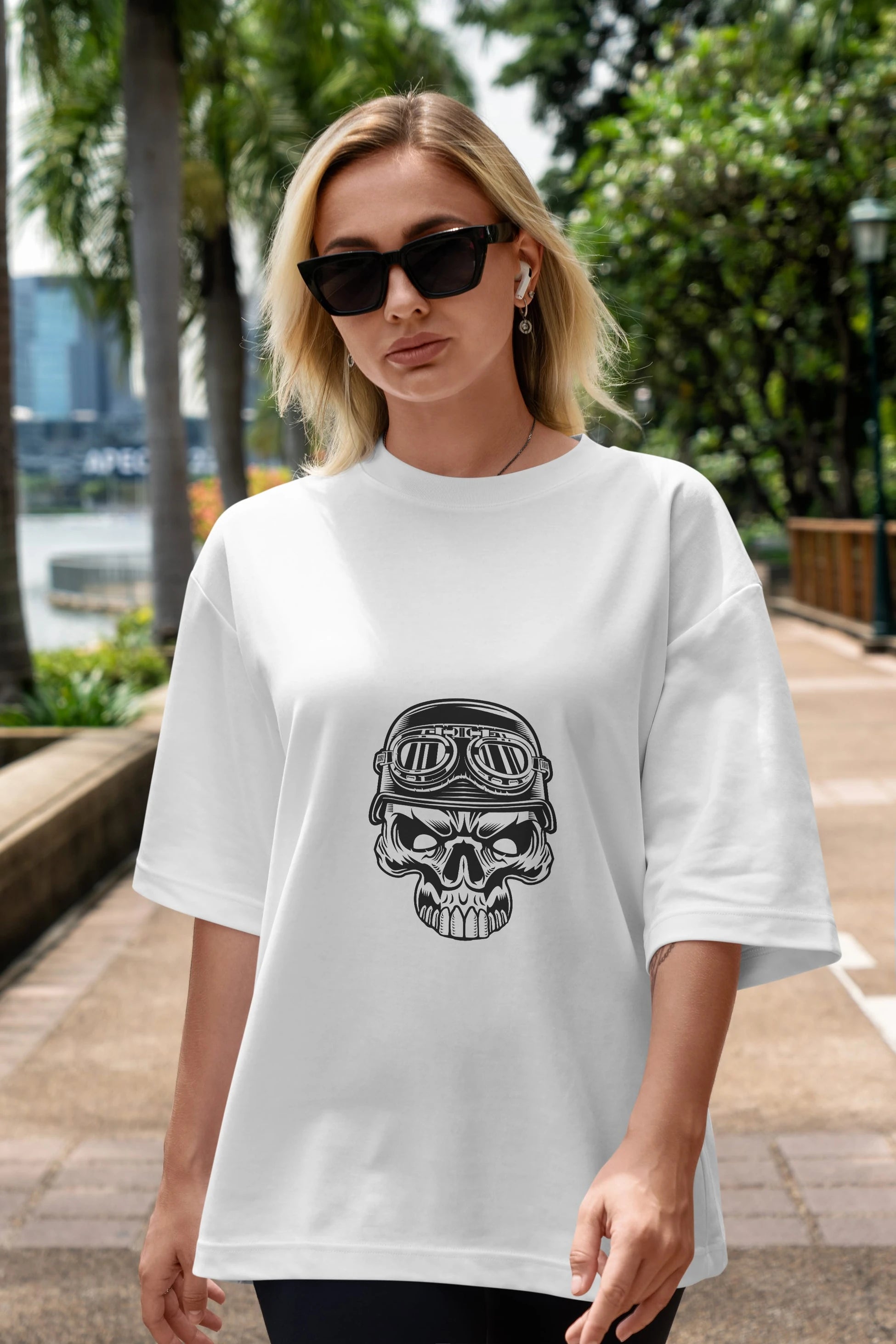 Biker Skull Helmet Ön Baskılı Oversize t-shirt Erkek Kadın Unisex %100 Pamuk tişort