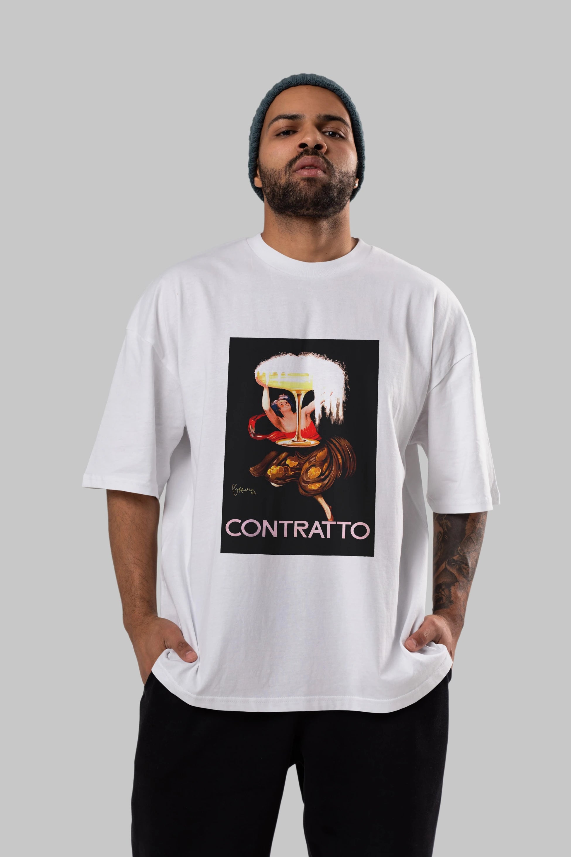 Contratto Ön Baskılı Oversize t-shirt Erkek Kadın Unisex %100 Pamuk Bisiklet Yaka tişort