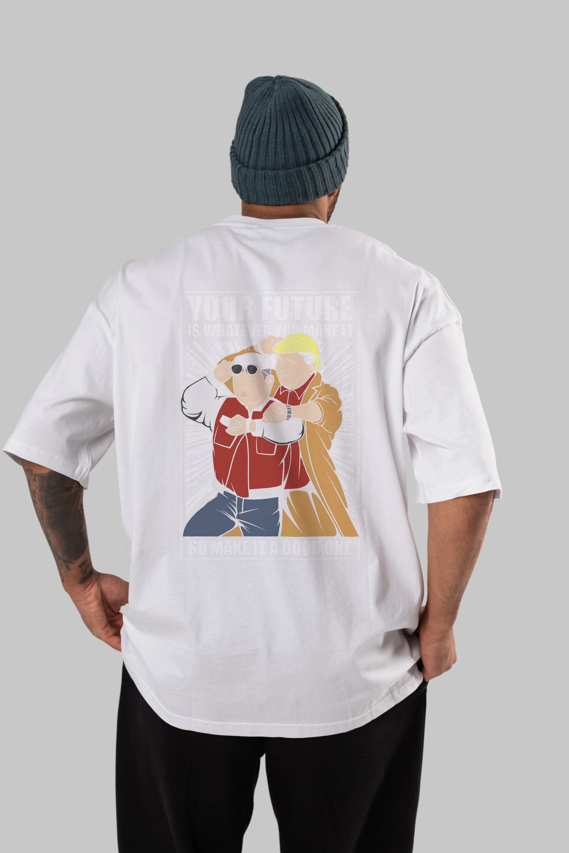 Back To The Future Jong Un Trump Arka Baskılı Oversize t-shirt Erkek Kadın Unisex %100 Pamuk tişort