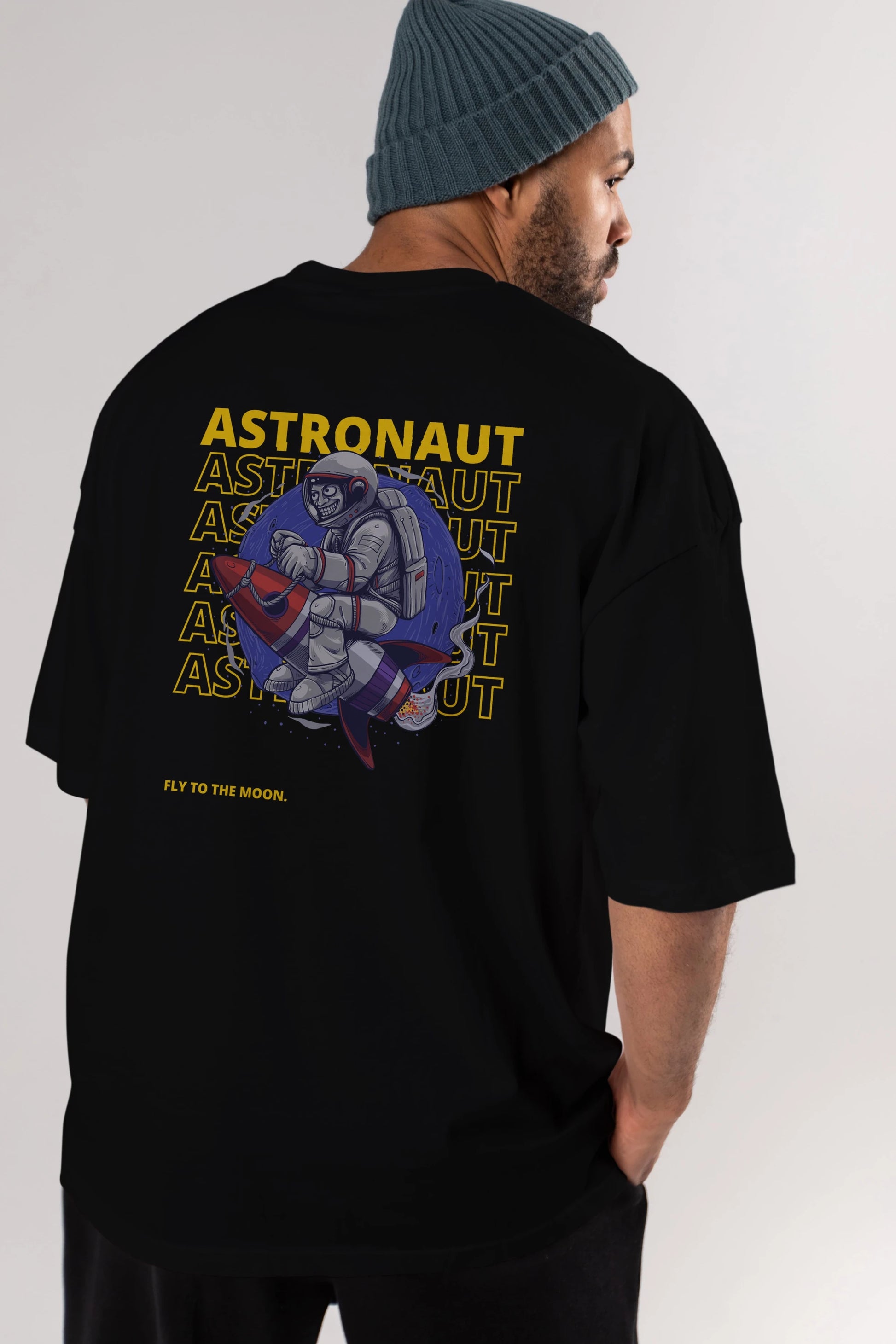 Astronaut Fly to the Moon Yazılı Arka Baskılı Oversize t-shirt Erkek Kadın Unisex