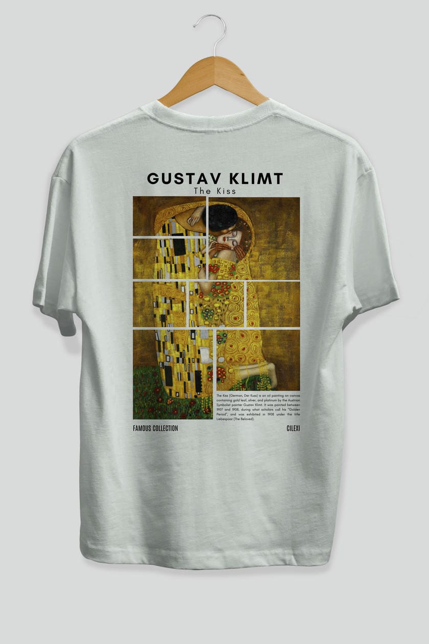 Gustav Klimt The Kiss Arka Baskılı Oversize t-shirt Erkek Kadın Bisiklet Yaka Pamuk tişort