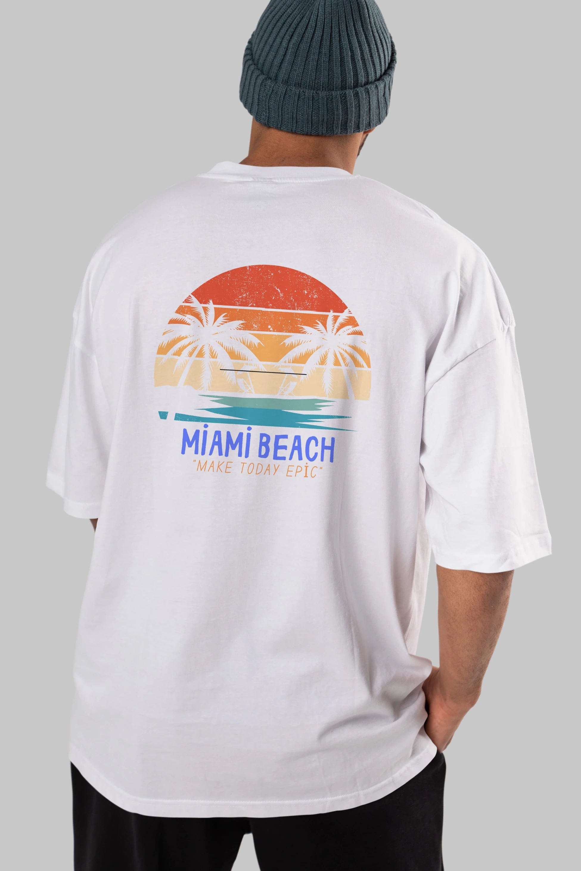 Miami Beach Yazılı Arka Baskılı Oversize t-shirt Erkek Kadın Unisex