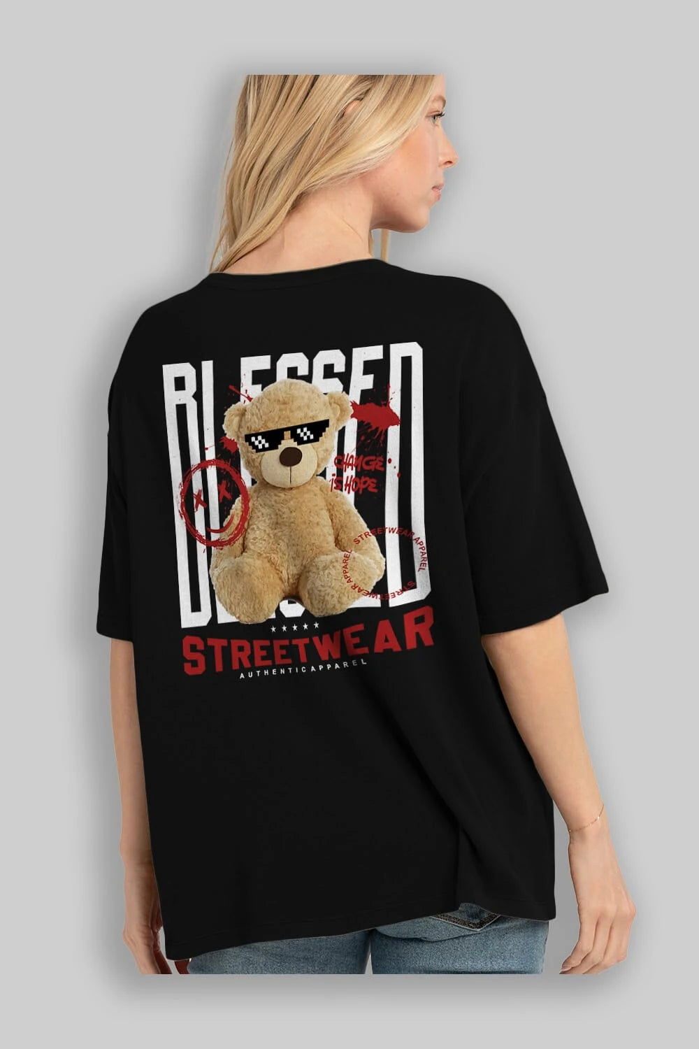 Blessed Bear Arka Baskılı Oversize t-shirt Erkek Kadın Unisex