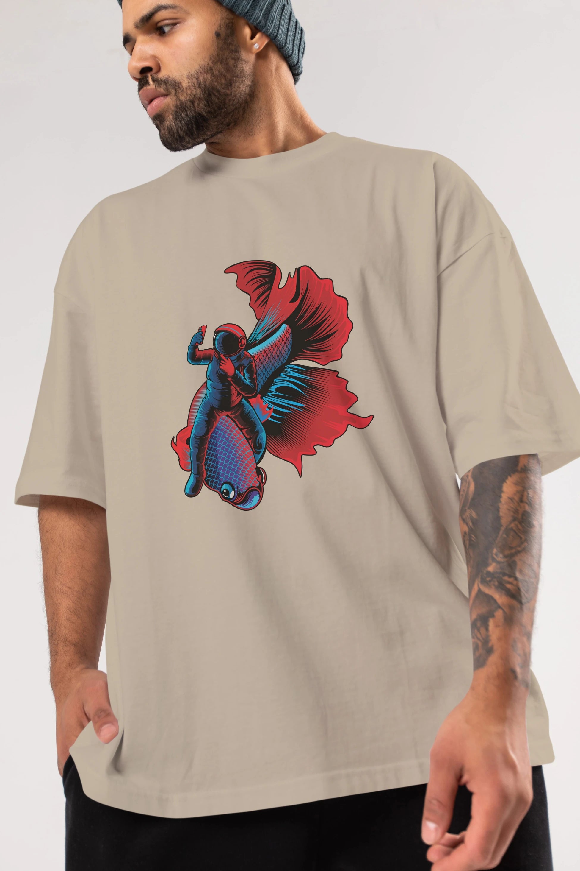 Astrofish selfie Ön Baskılı Oversize t-shirt Erkek Kadın Unisex