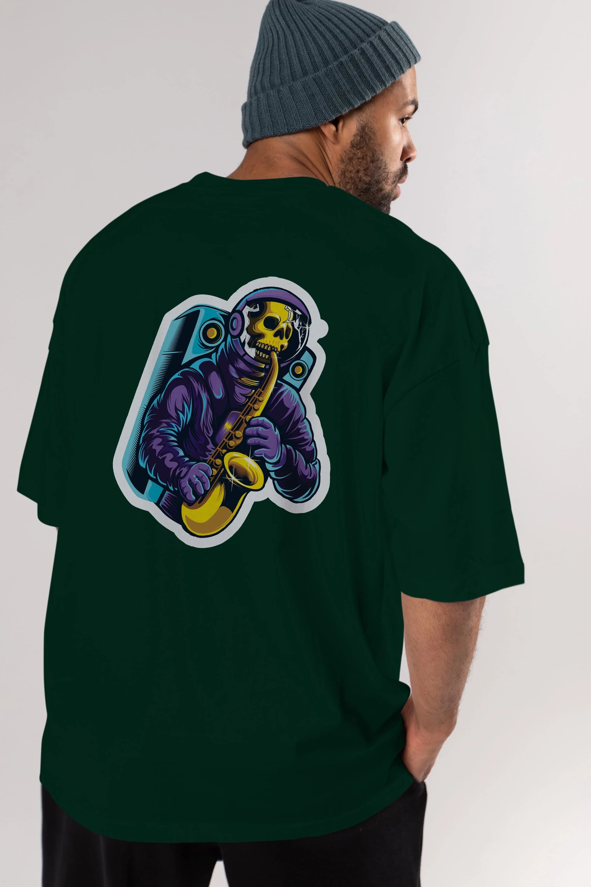 Astroskull Saxophonist Sticker Arka Baskılı Oversize t-shirt Erkek Kadın Unisex