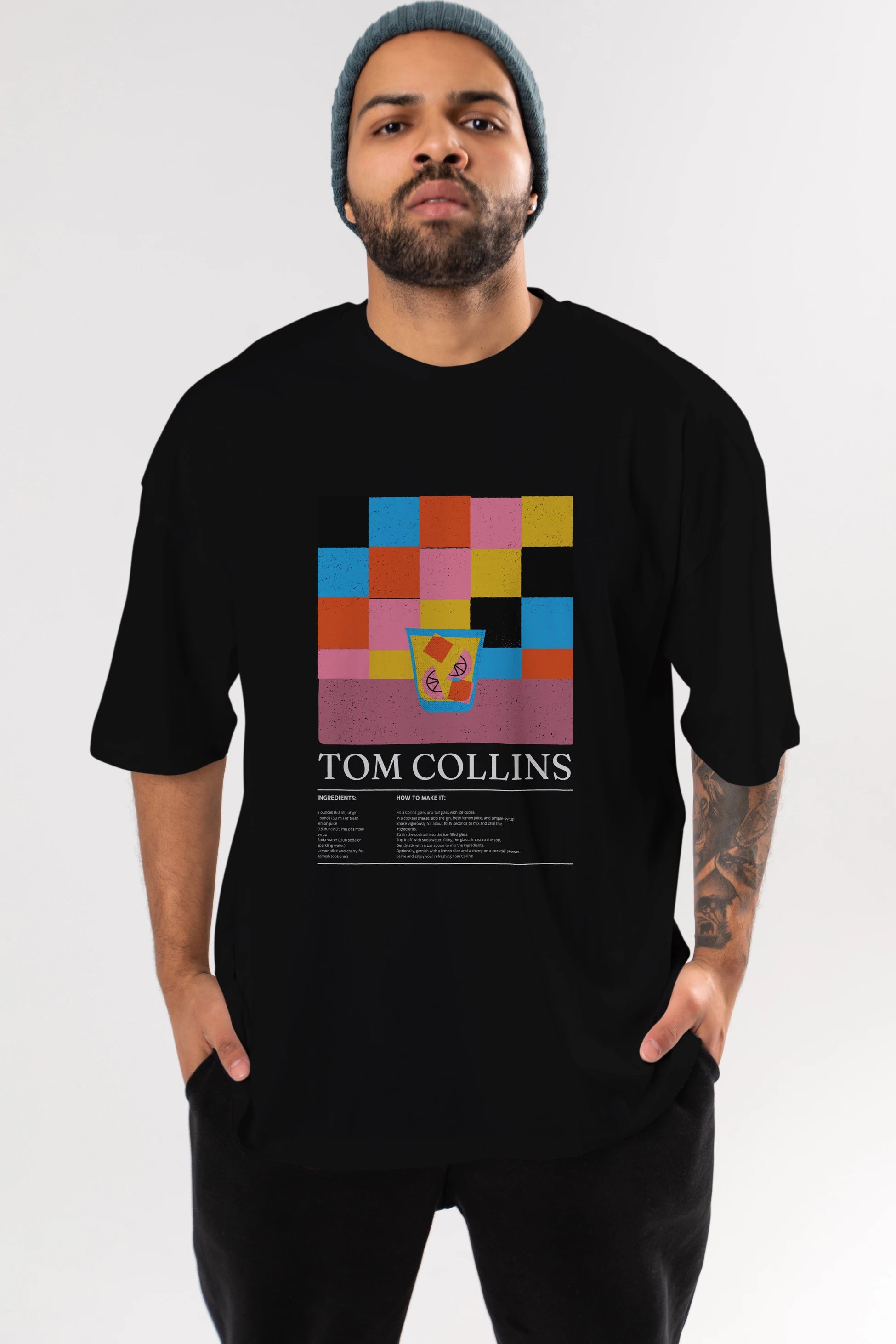 Tom Collins Kokteyl Ön Baskılı Oversize t-shirt Erkek Kadın %100 Pamuk Bisiklet Yaka tişort