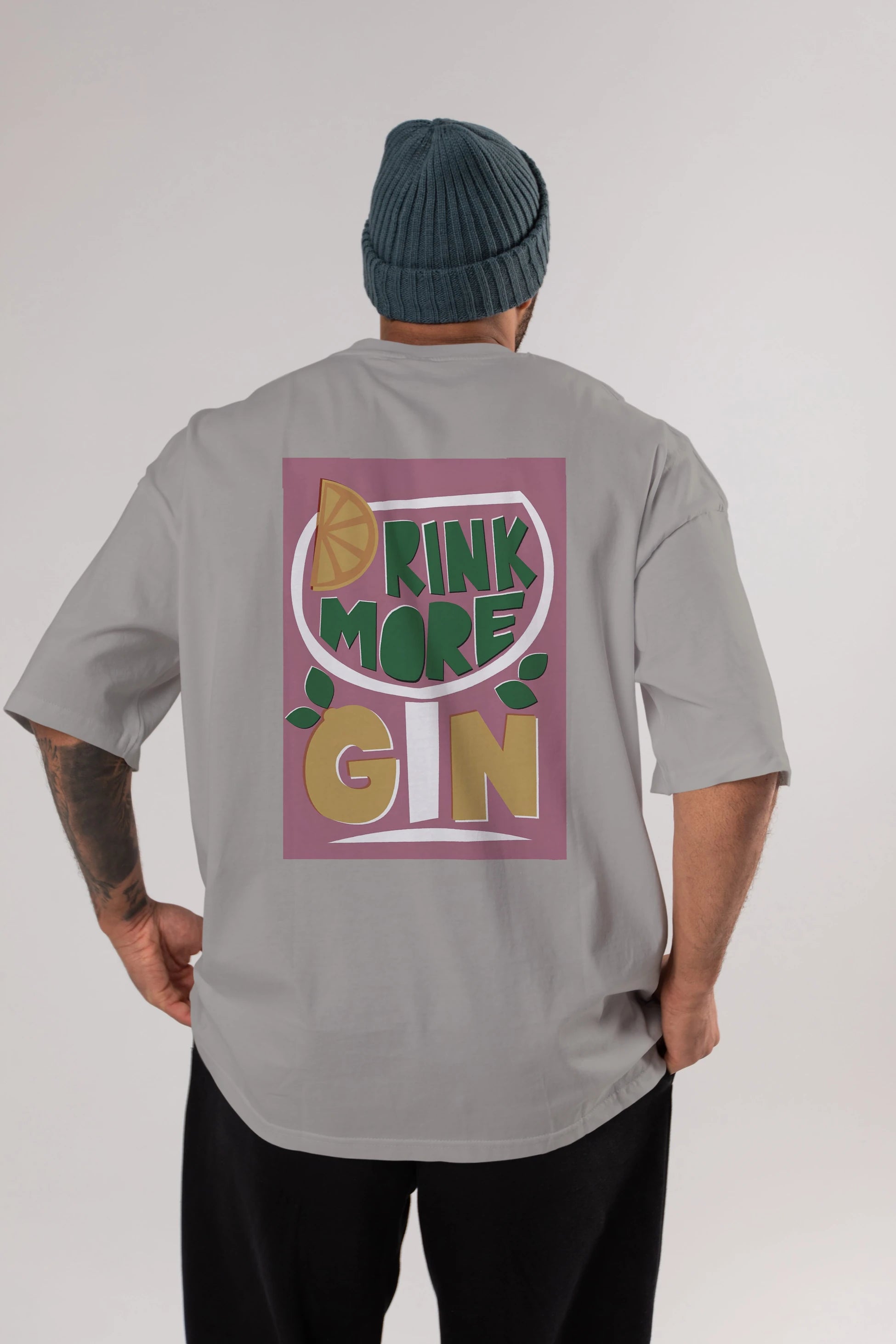 Drink More Gin Arka Baskılı Oversize t-shirt Erkek Kadın Unisex %100 Pamuk Bisiklet Yaka tişort
