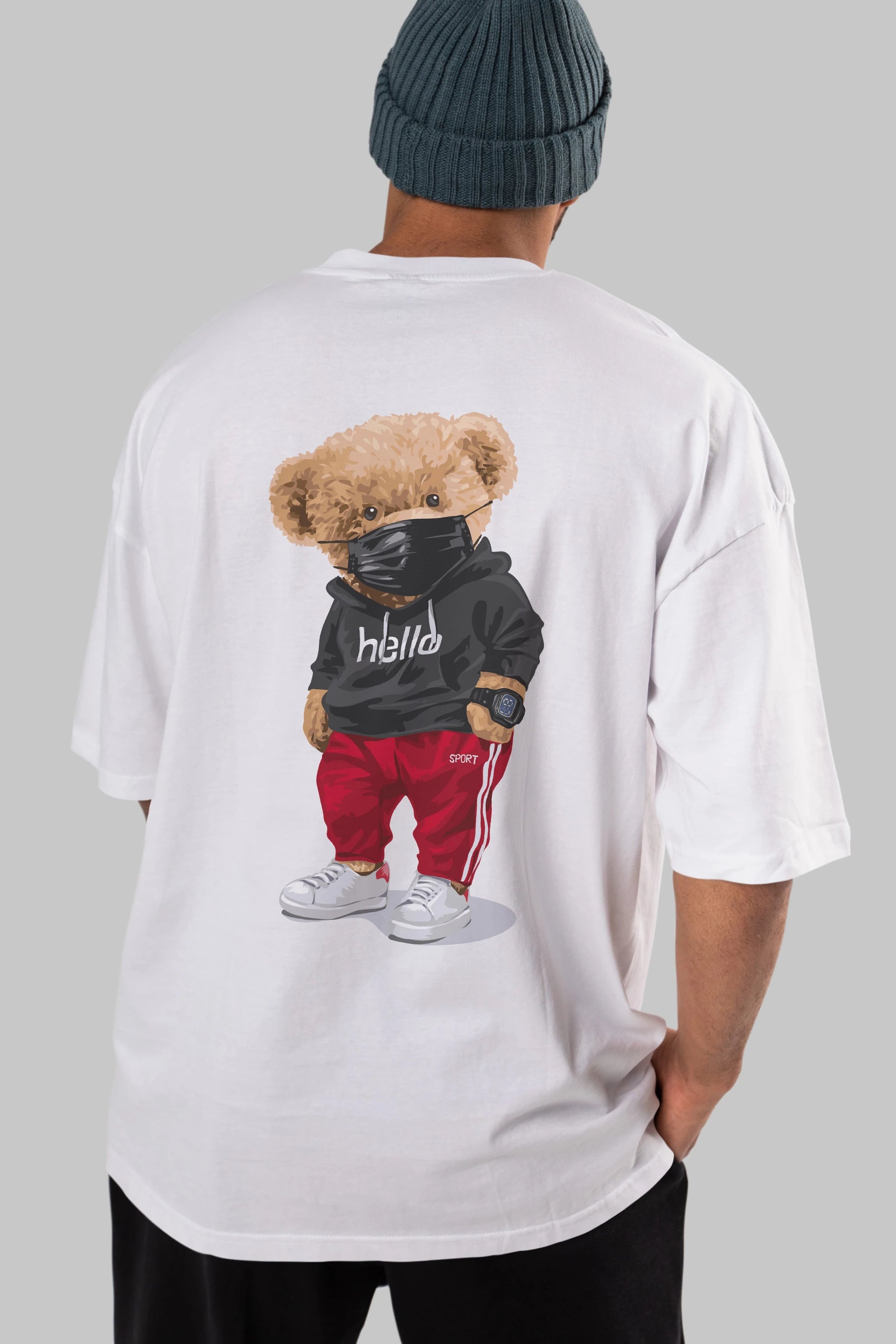 Teddy Bear Hello Sport Arka Baskılı Oversize t-shirt Erkek Kadın Unisex %100 Pamuk