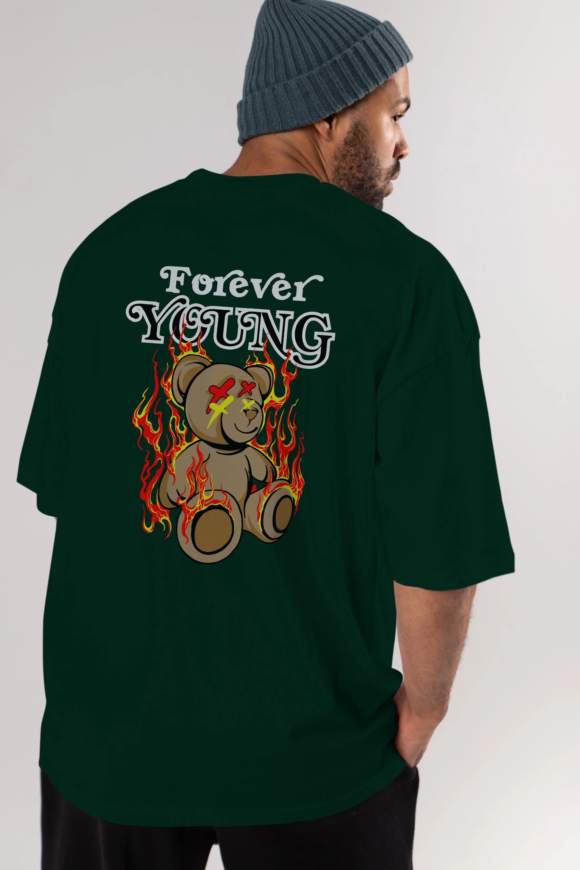 Forever Young Bear Arka Baskılı Oversize t-shirt Erkek Kadın Unisex