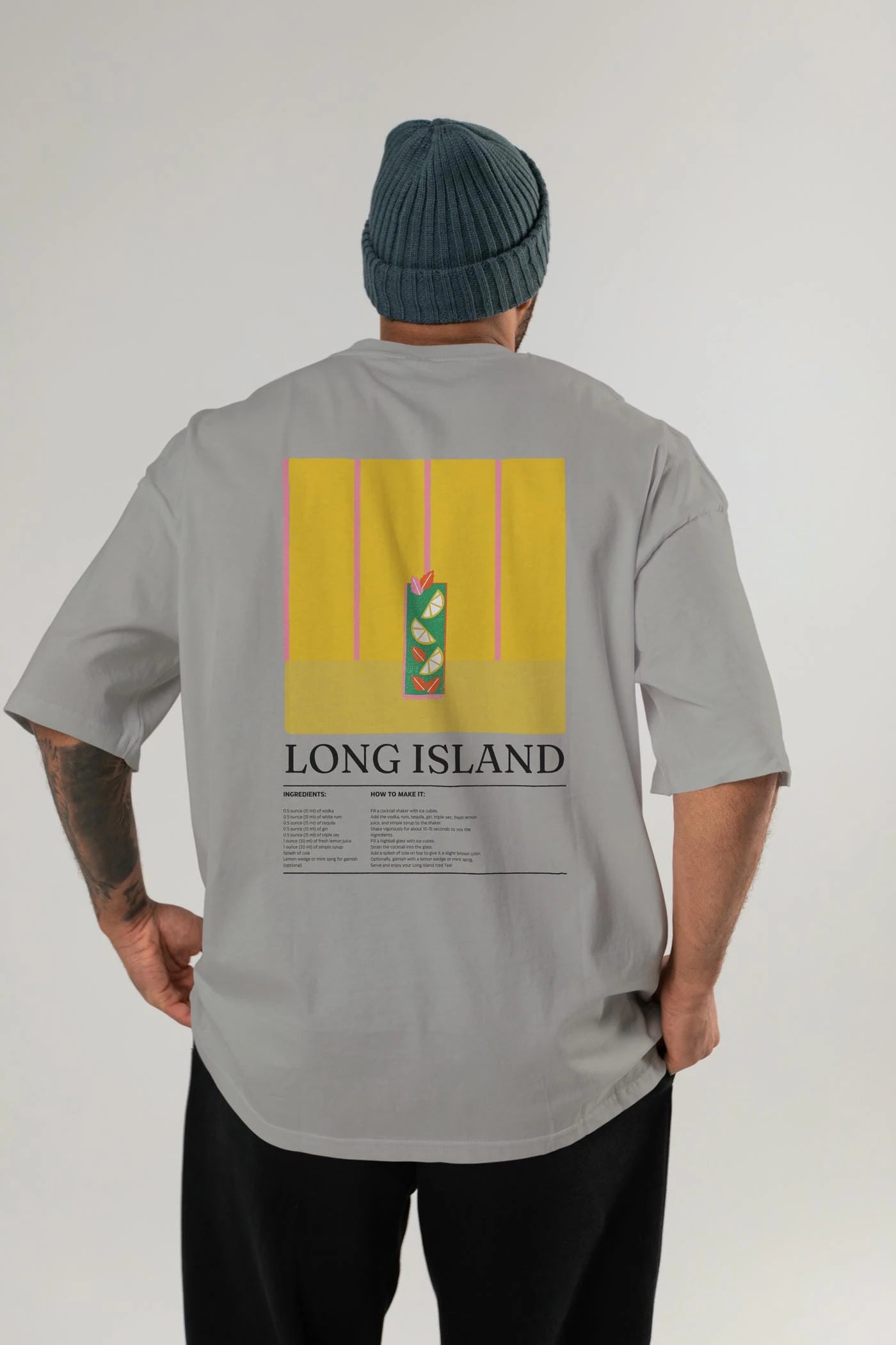 Long Island Kokteyl Serisi Arka Baskılı Oversize t-shirt Erkek Kadın %100 Pamuk Bisiklet Yaka tişort