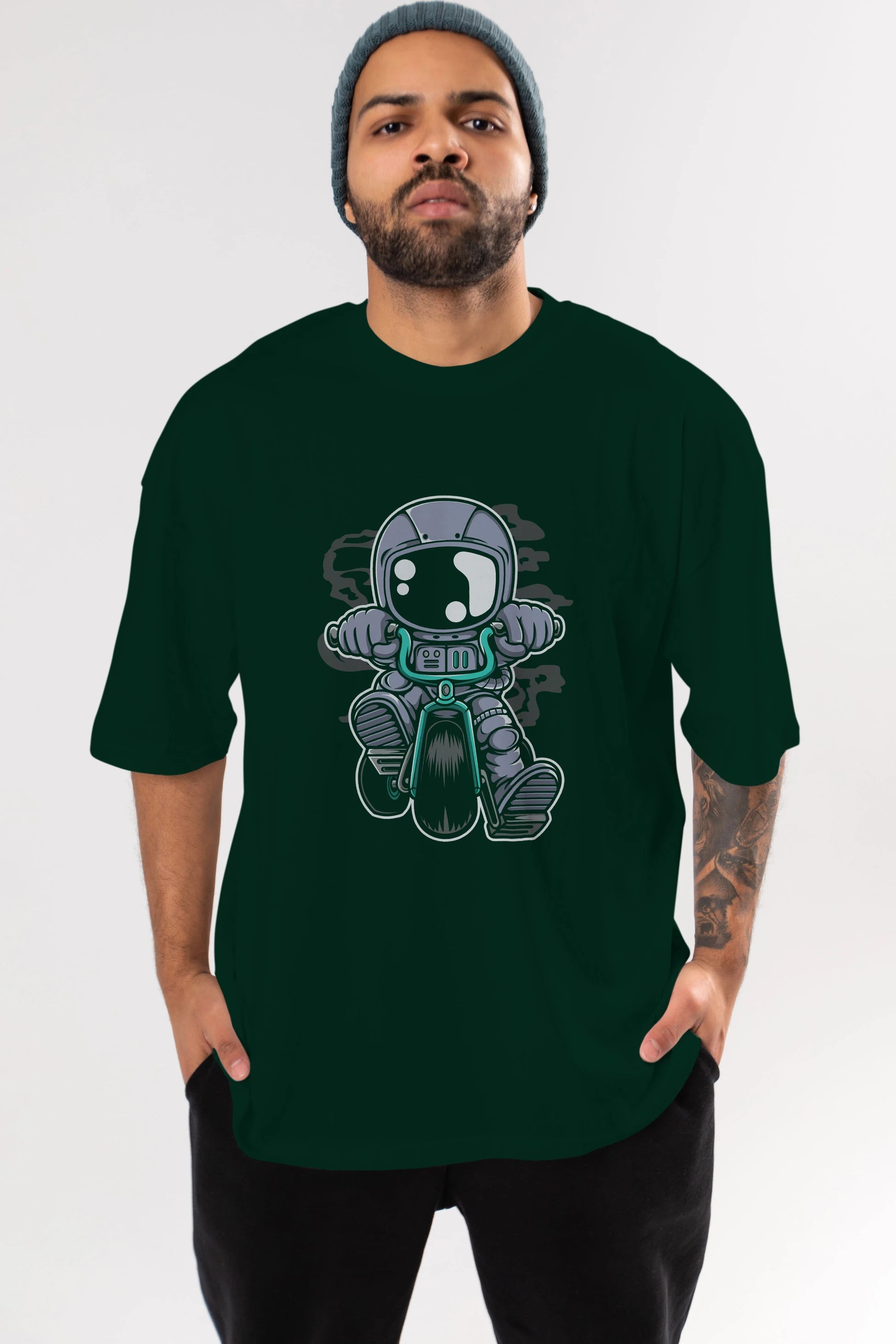 Astronaut Biker Ön Baskılı Oversize t-shirt Erkek Kadın Unisex