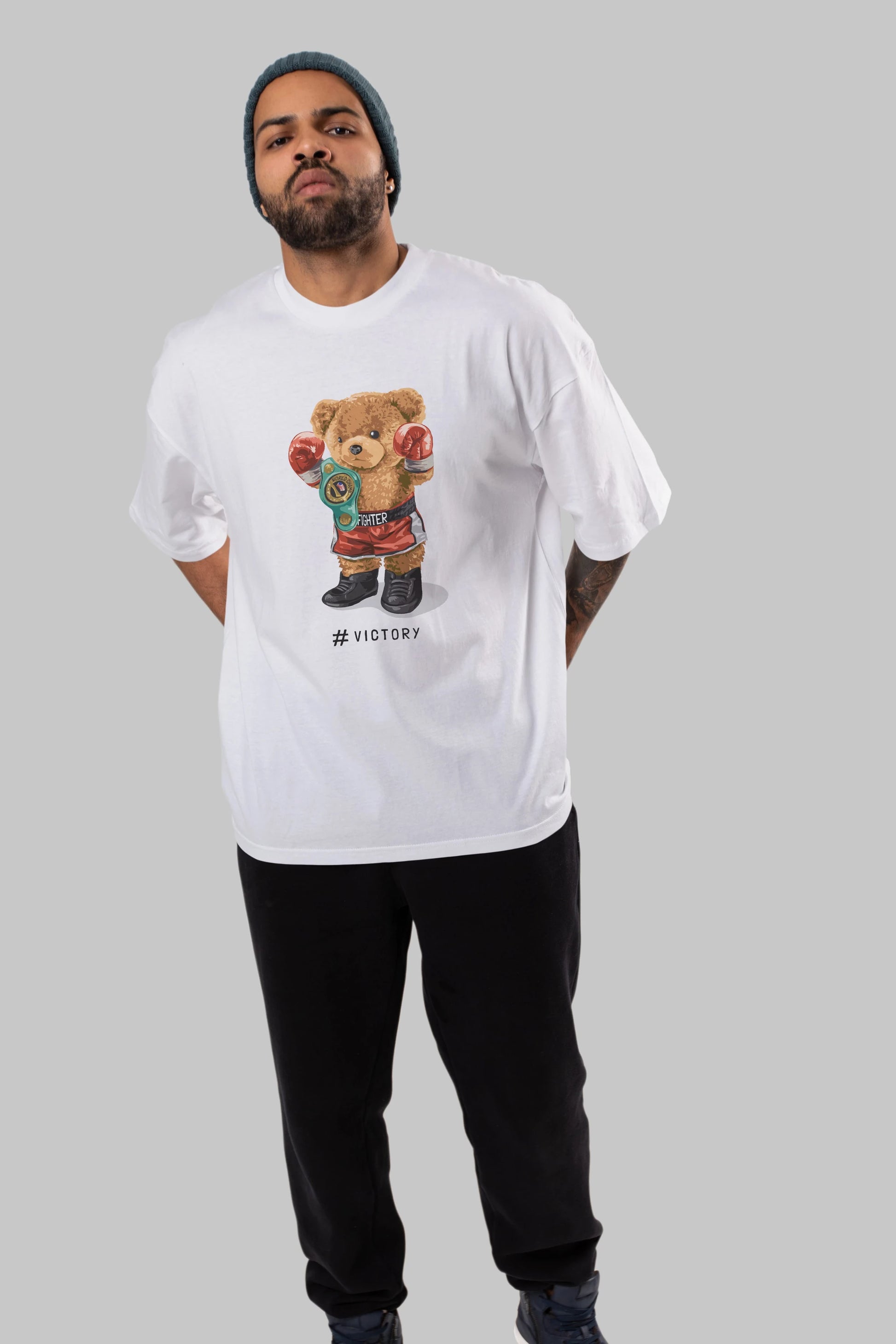 Teddy Bear Victory Ön Baskılı Oversize t-shirt Erkek Kadın Unisex %100 Pamuk