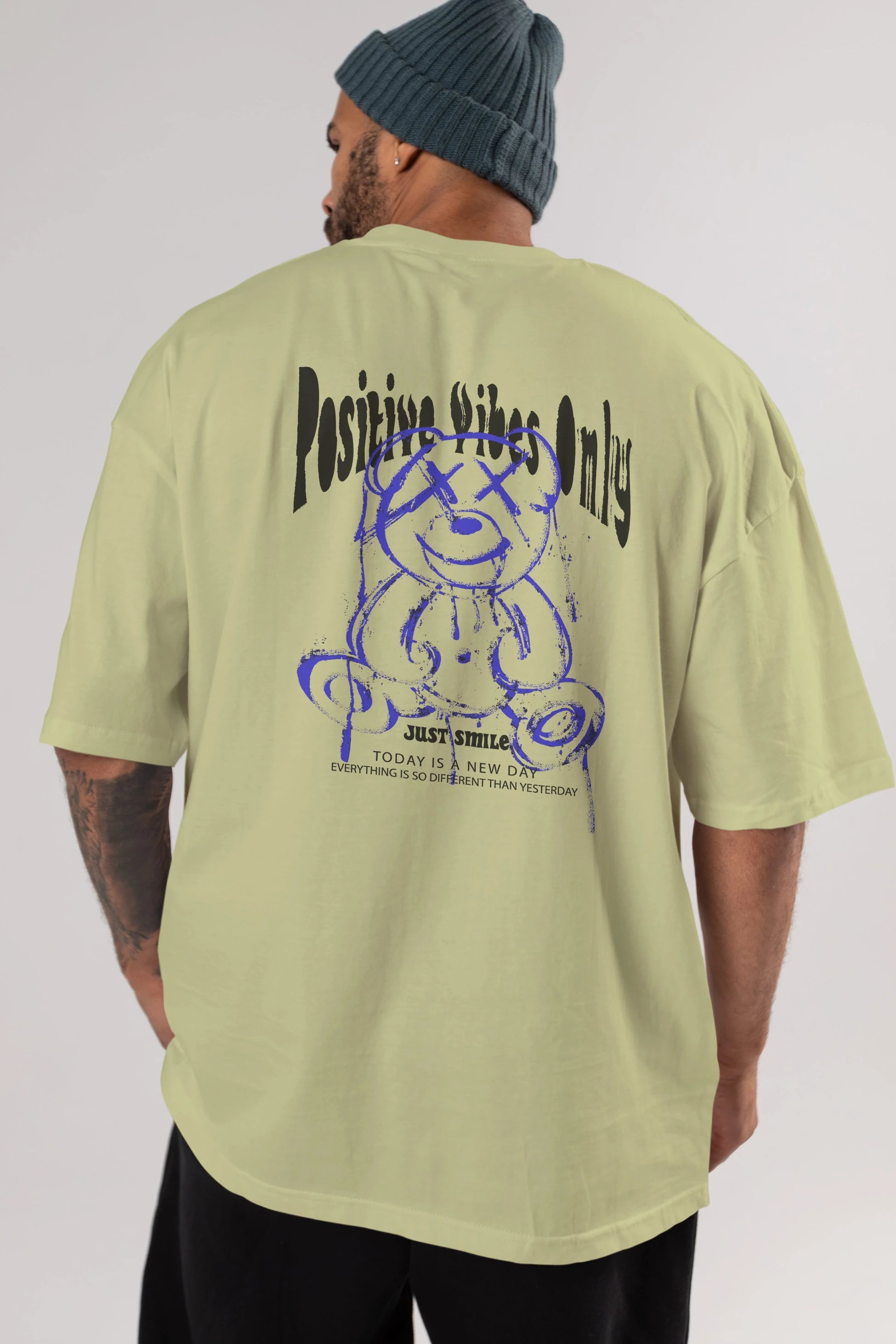 Positive Vibes Only Bear Arka Baskılı Oversize t-shirt Erkek Kadın Unisex