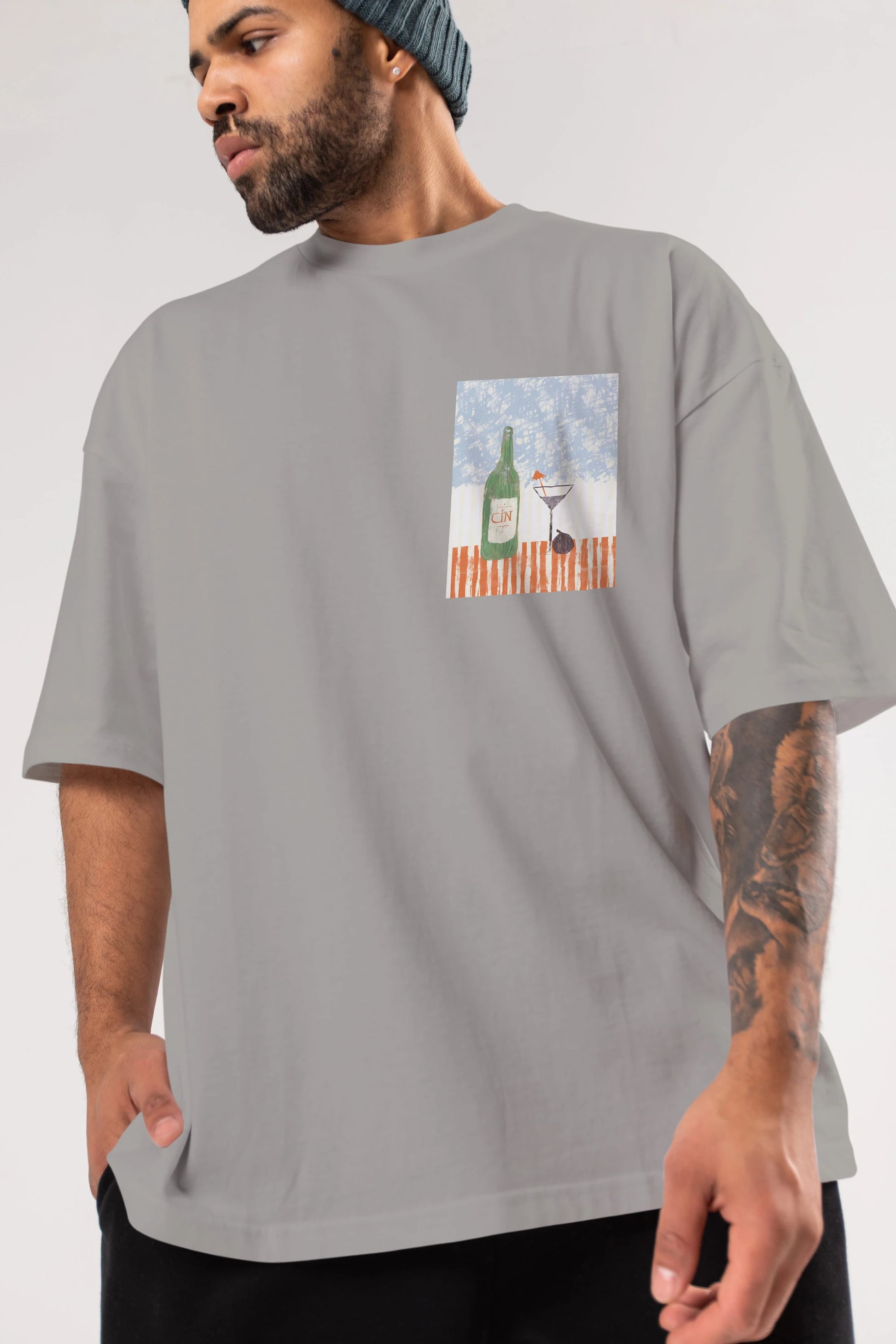 Gin Ön Sol Baskılı Oversize t-shirt Erkek Kadın Unisex %100 Pamuk Bisiklet Yaka tişort