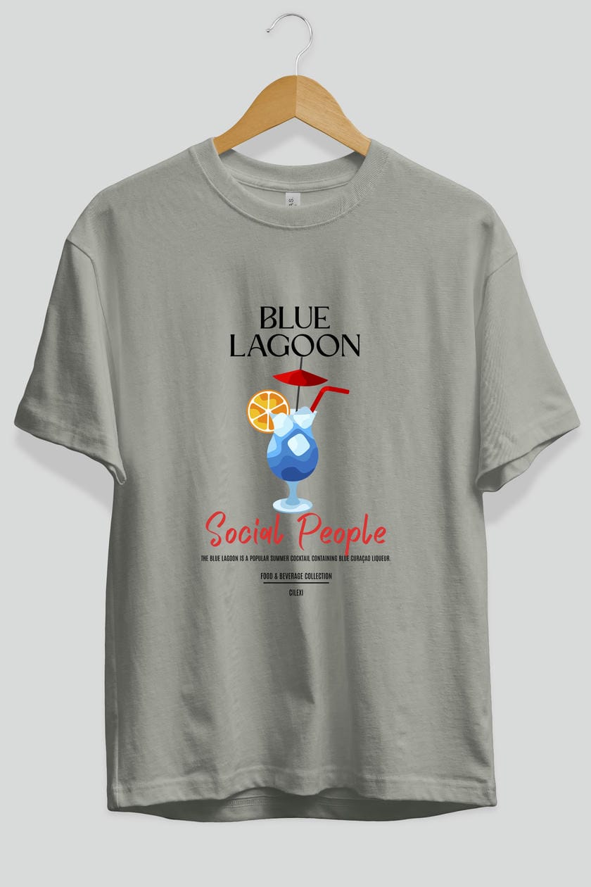 Blue Lagoon Kokteyl Serisi ön Baskılı Oversize t-shirt Erkek Kadın %100 Pamuk Bisiklet Yaka tişort