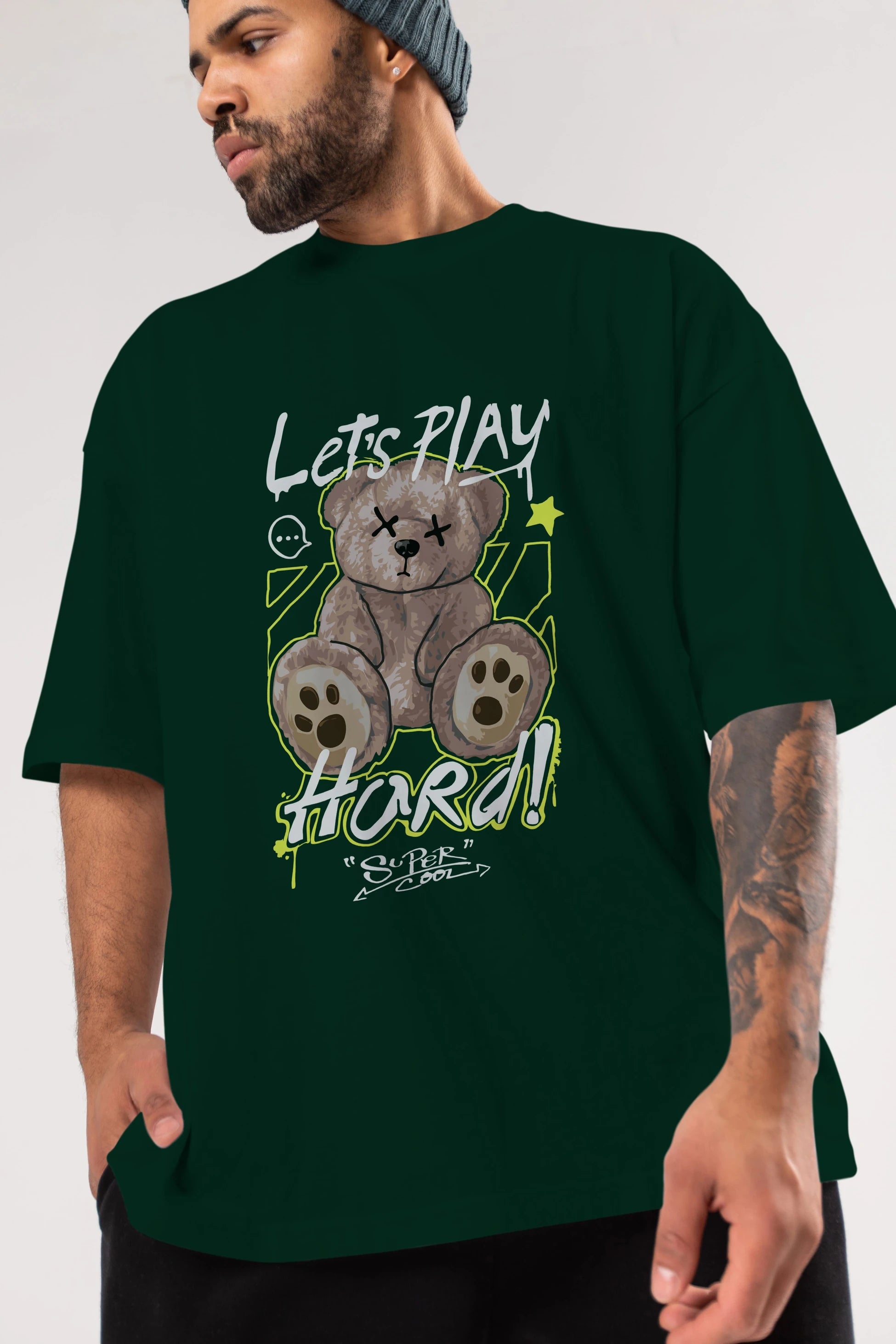 Lets Play Hard Bear Ön Baskılı Oversize t-shirt Erkek Kadın Unisex