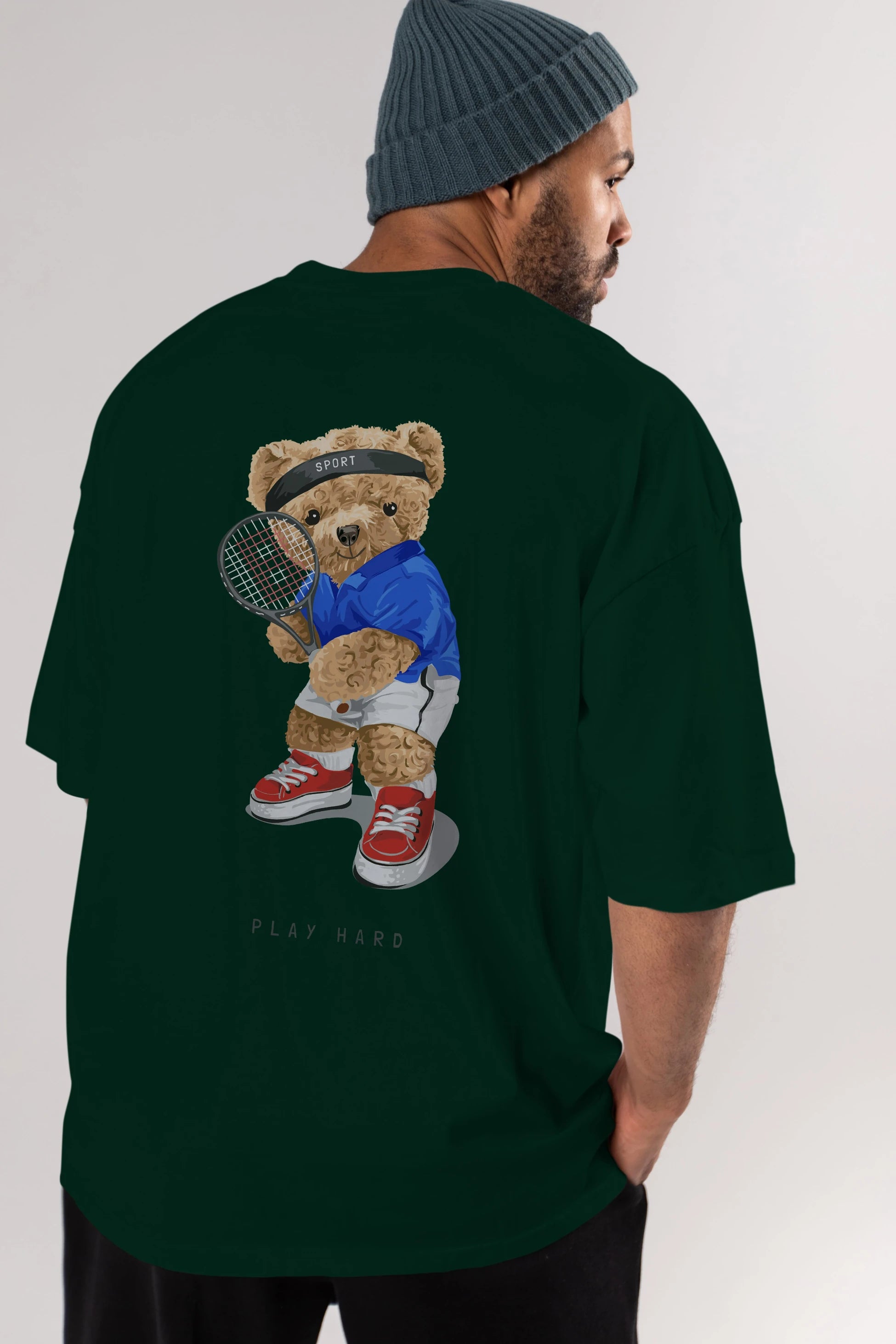 Teddy Bear Play Hard Arka Baskılı Oversize t-shirt Erkek Kadın Unisex %100 Pamuk