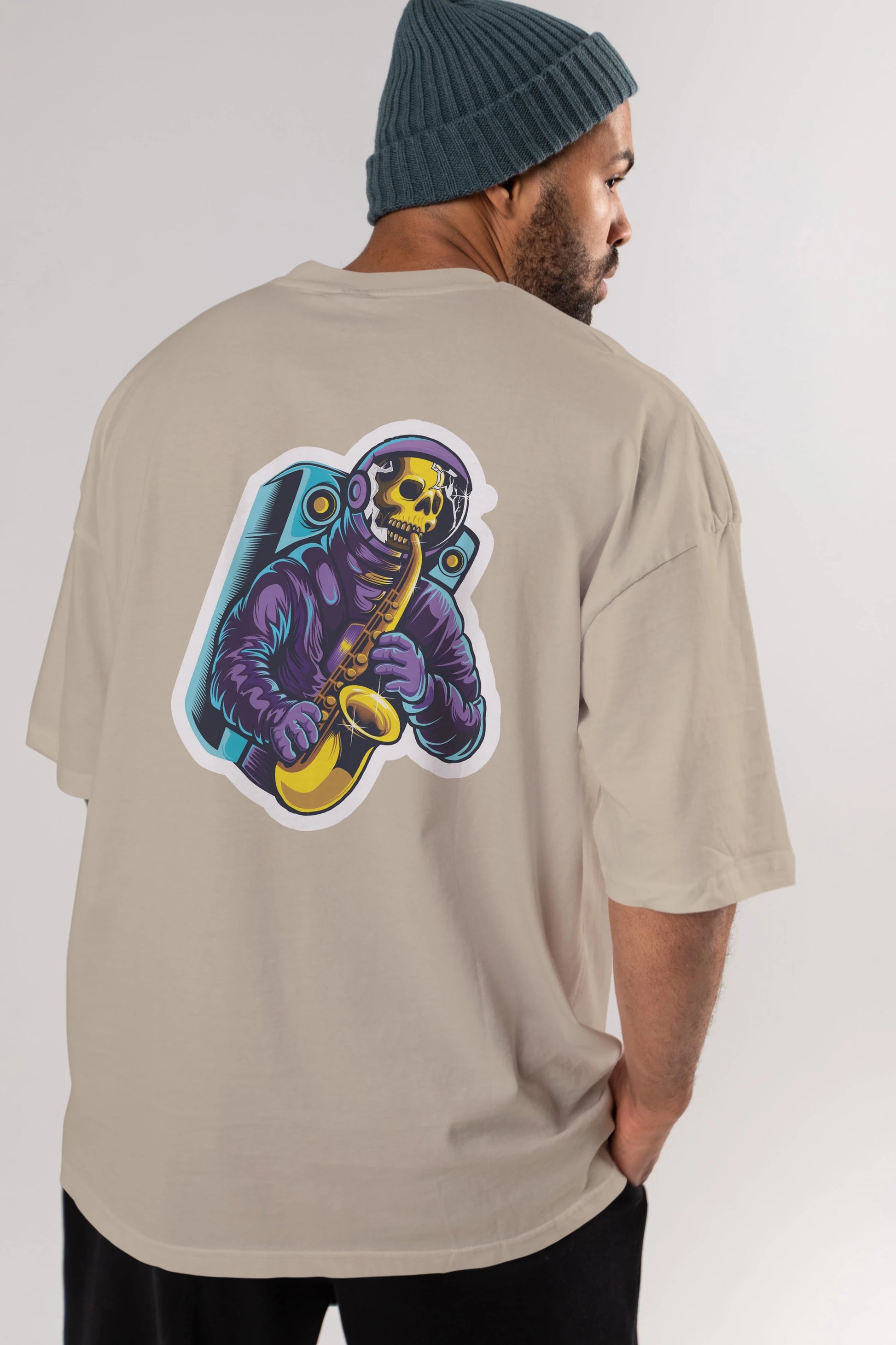 Astroskull Saxophonist Sticker Arka Baskılı Oversize t-shirt Erkek Kadın Unisex