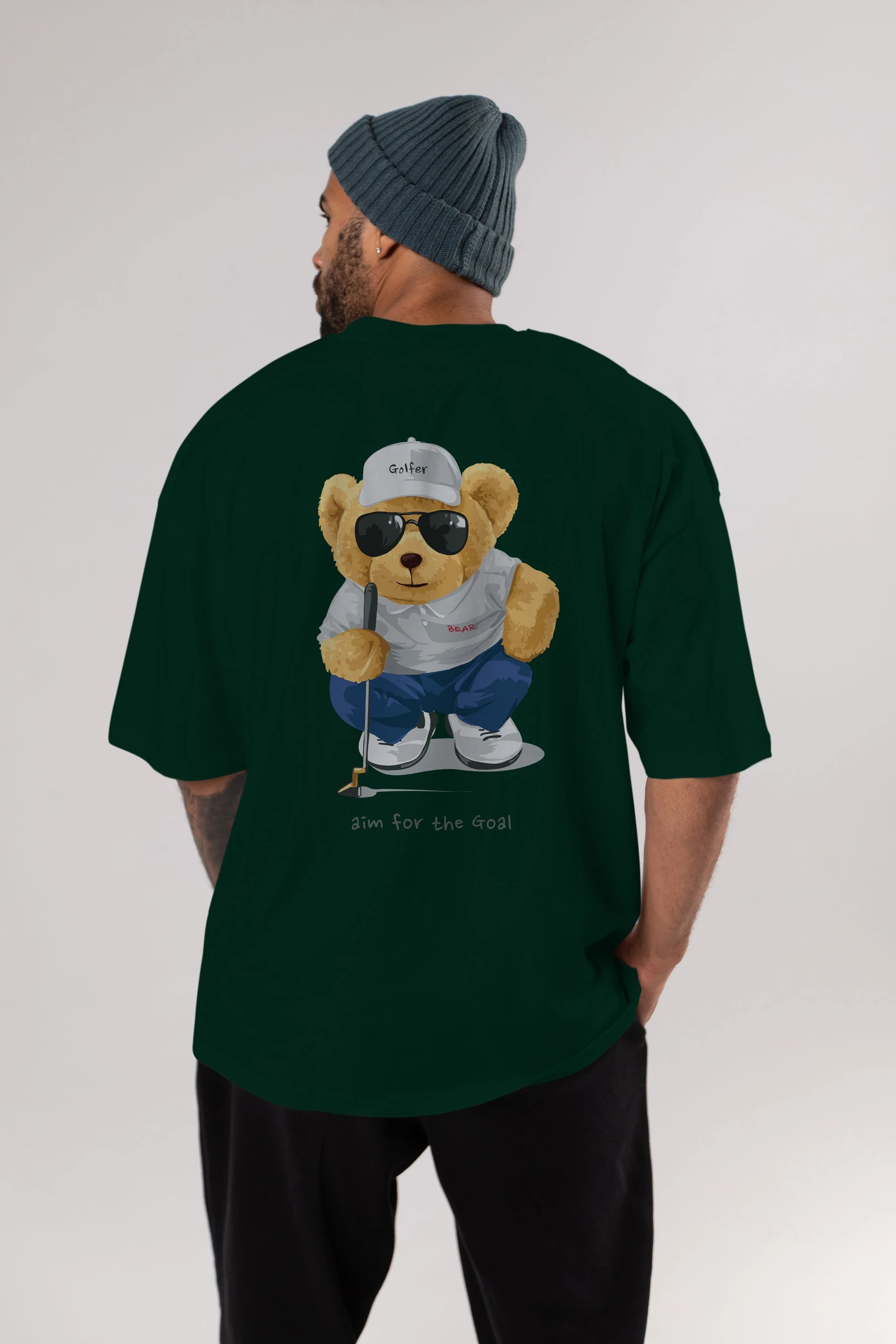 Teddy Bear Golfer Arka Baskılı Oversize t-shirt Erkek Kadın Unisex %100 Pamuk