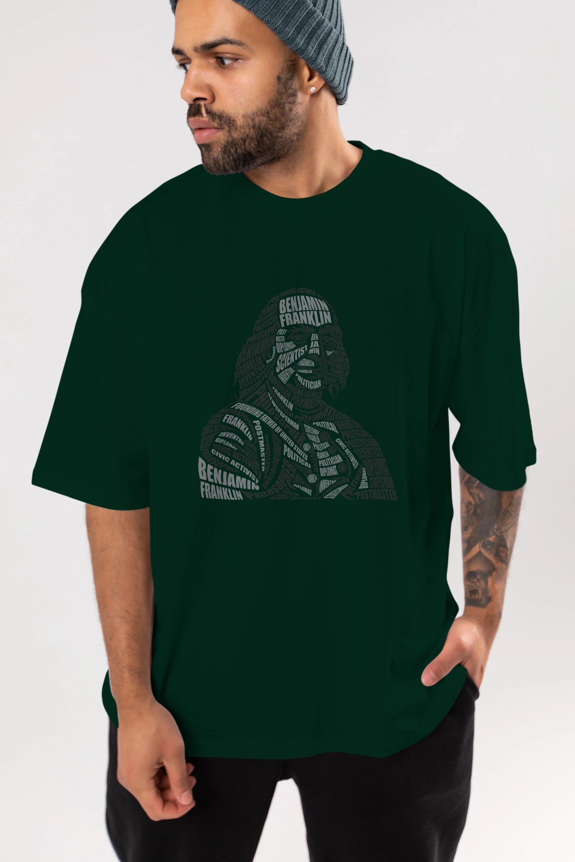 Benjamin Franklin Calligram Ön Baskılı Oversize t-shirt %100 pamuk Erkek Kadın Unisex