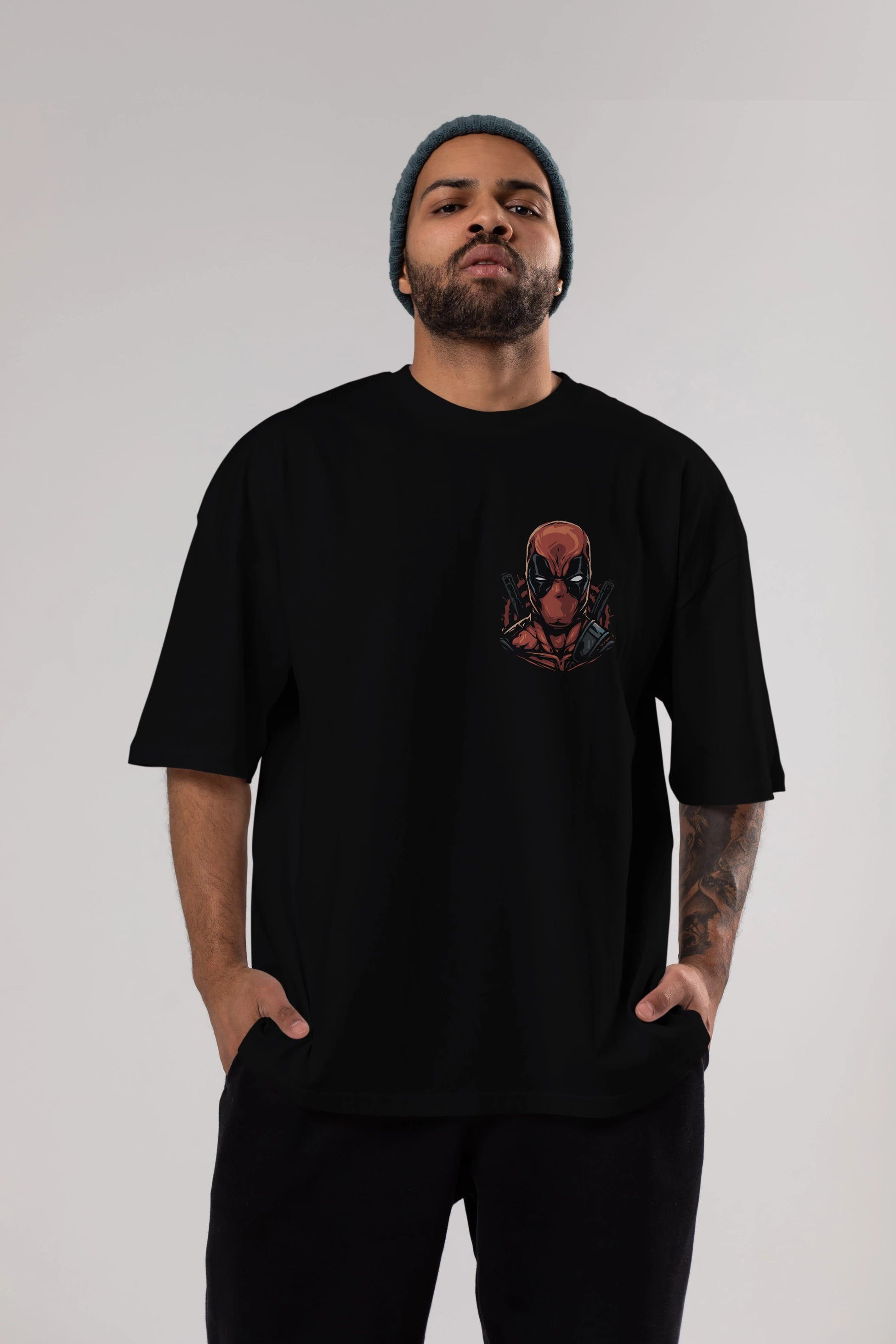 Deadpool (10) Ön Sol Baskılı Oversize t-shirt Erkek Kadın Unisex %100 Pamuk Bisiklet Yaka tişort