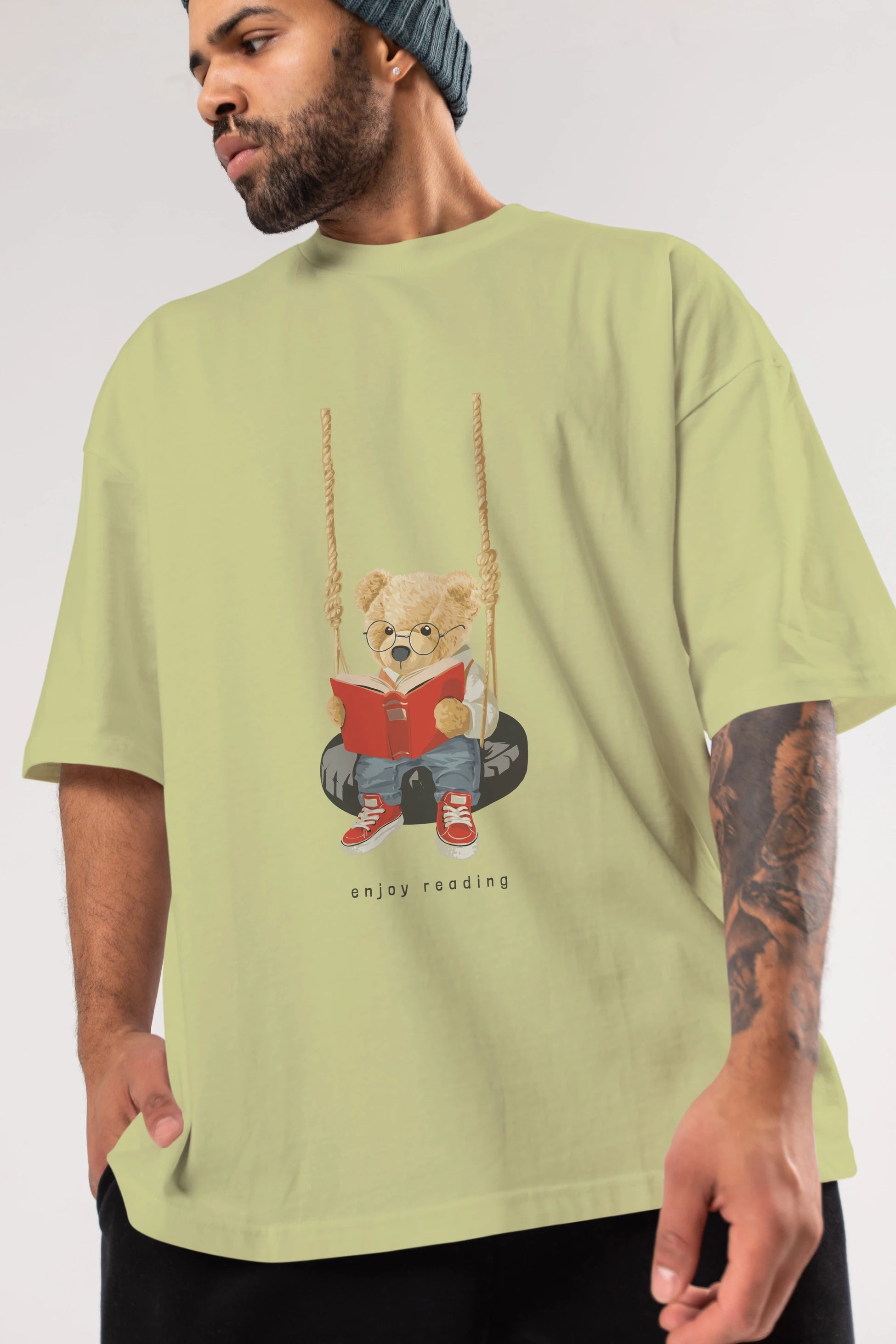 Teddy Bear Enjoy Reading Ön Baskılı Oversize t-shirt Erkek Kadın Unisex %100 Pamuk