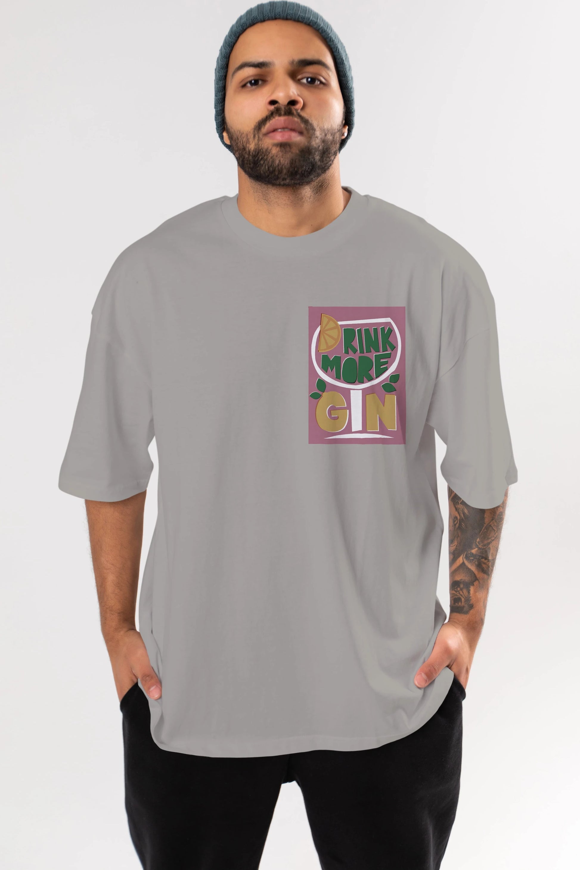 Drink More Gin Ön Sol Baskılı Oversize t-shirt Erkek Kadın Unisex %100 Pamuk Bisiklet Yaka tişort