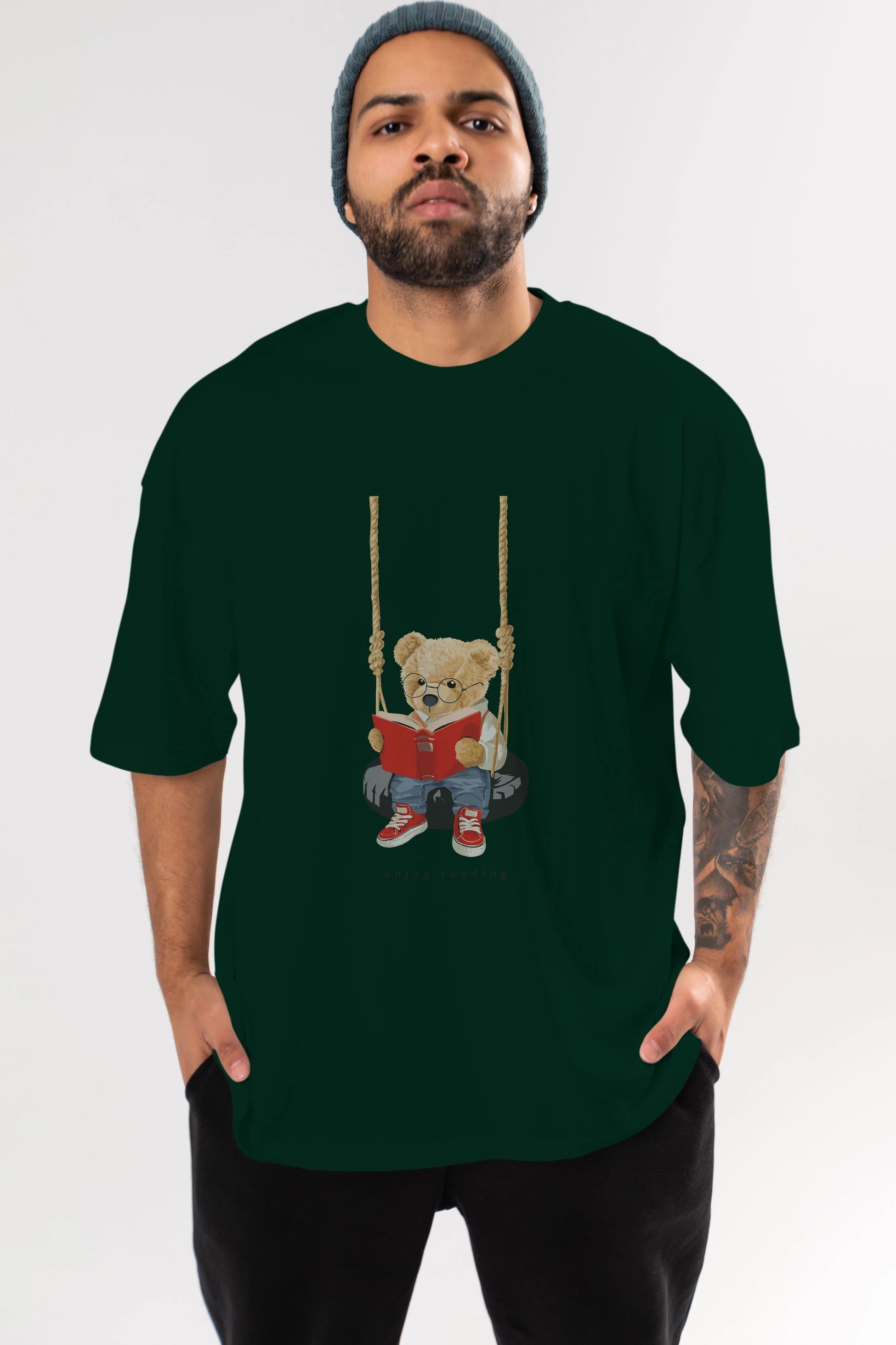 Teddy Bear Enjoy Reading Ön Baskılı Oversize t-shirt Erkek Kadın Unisex %100 Pamuk