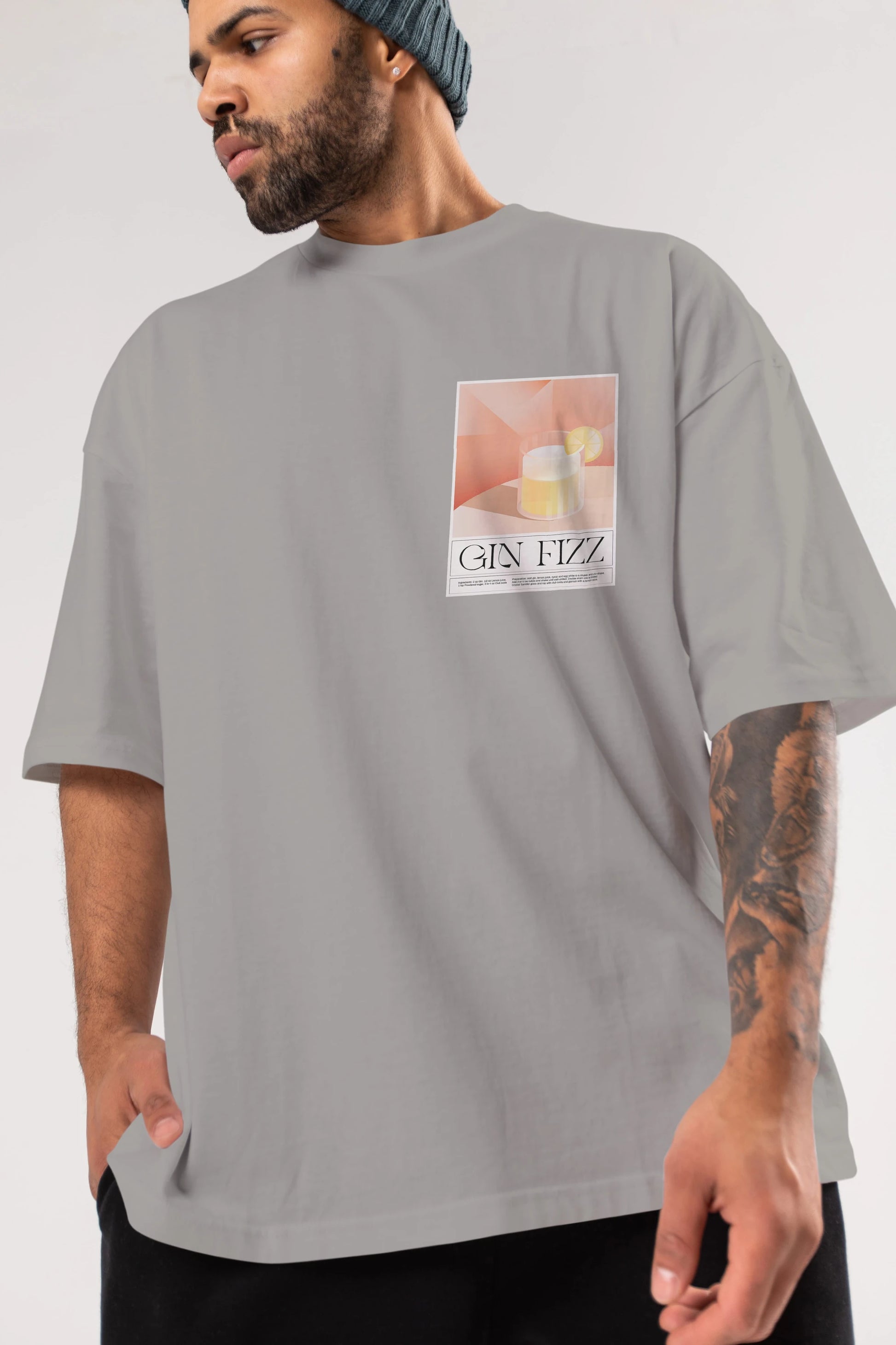 Gin Fizz Ön Sol Baskılı Oversize t-shirt Erkek Kadın Unisex %100 Pamuk Bisiklet Yaka tişort