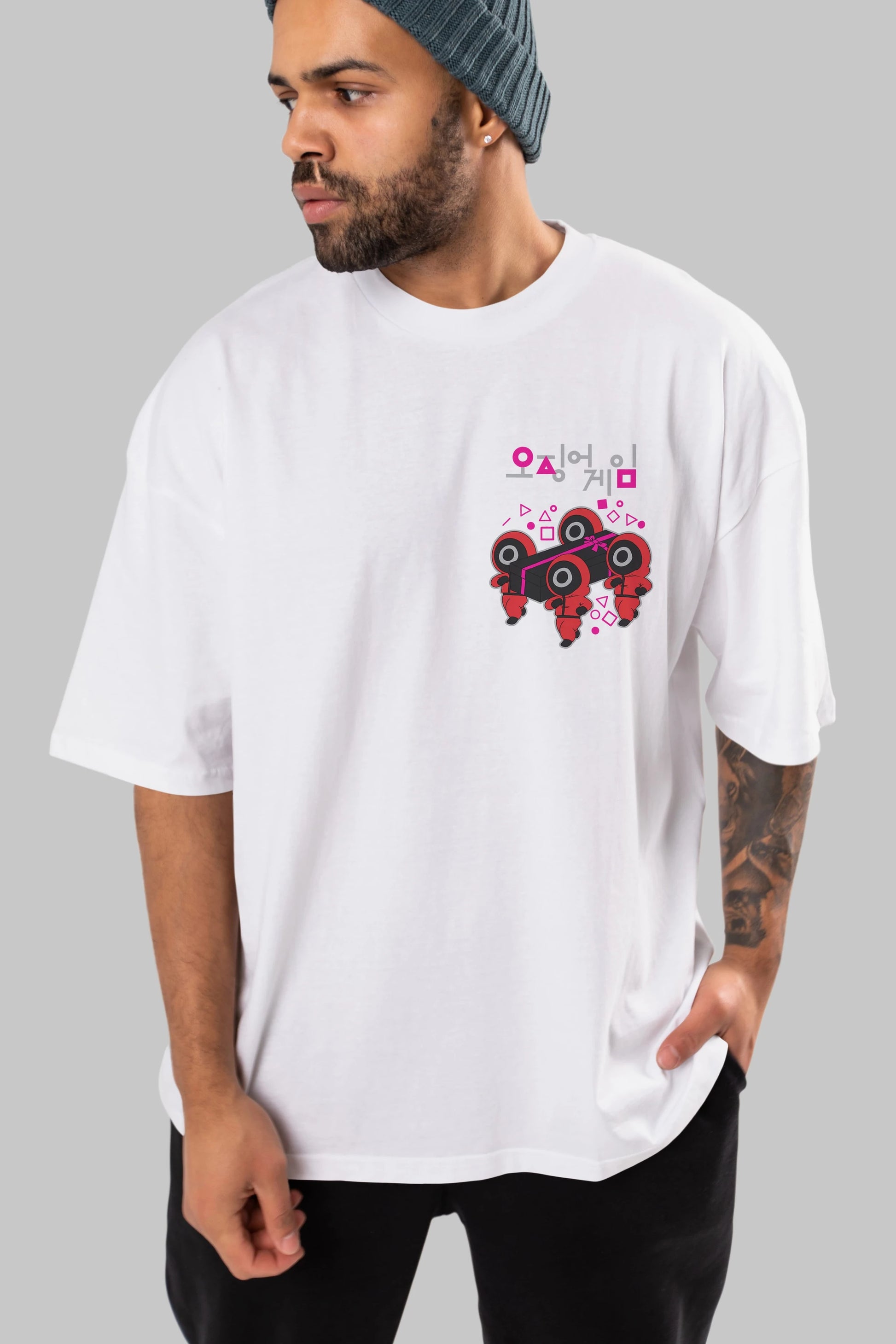 Squid Game (6) Ön Sol Baskılı Oversize t-shirt Erkek Kadın Unisex %100 Pamuk Bisiklet Yaka tişort