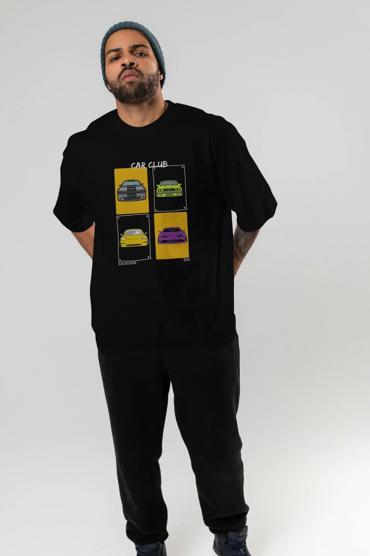 Car Club ön Baskılı Oversize t-shirt Erkek Kadın %100 Pamuk Bisiklet Yaka tişort