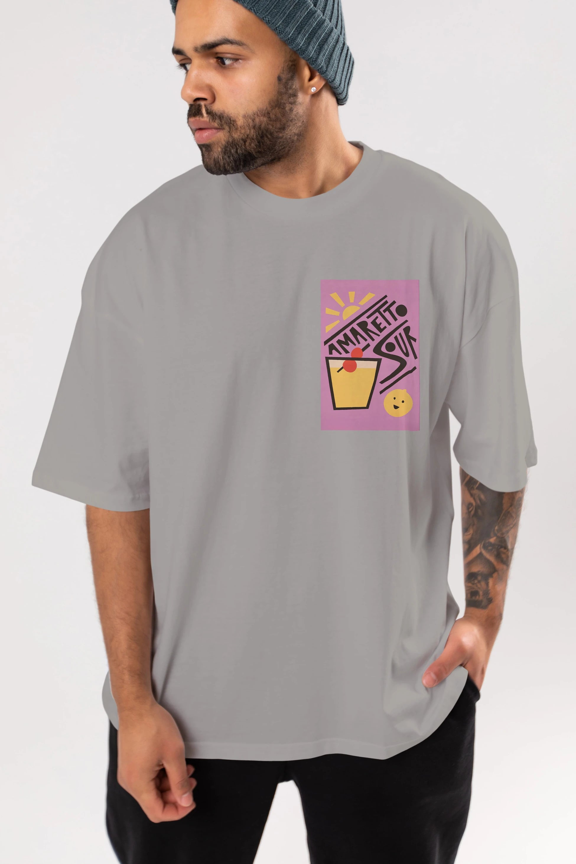 Amaretto Sour Ön Sol Baskılı Oversize t-shirt Erkek Kadın Unisex %100 Pamuk Bisiklet Yaka tişort