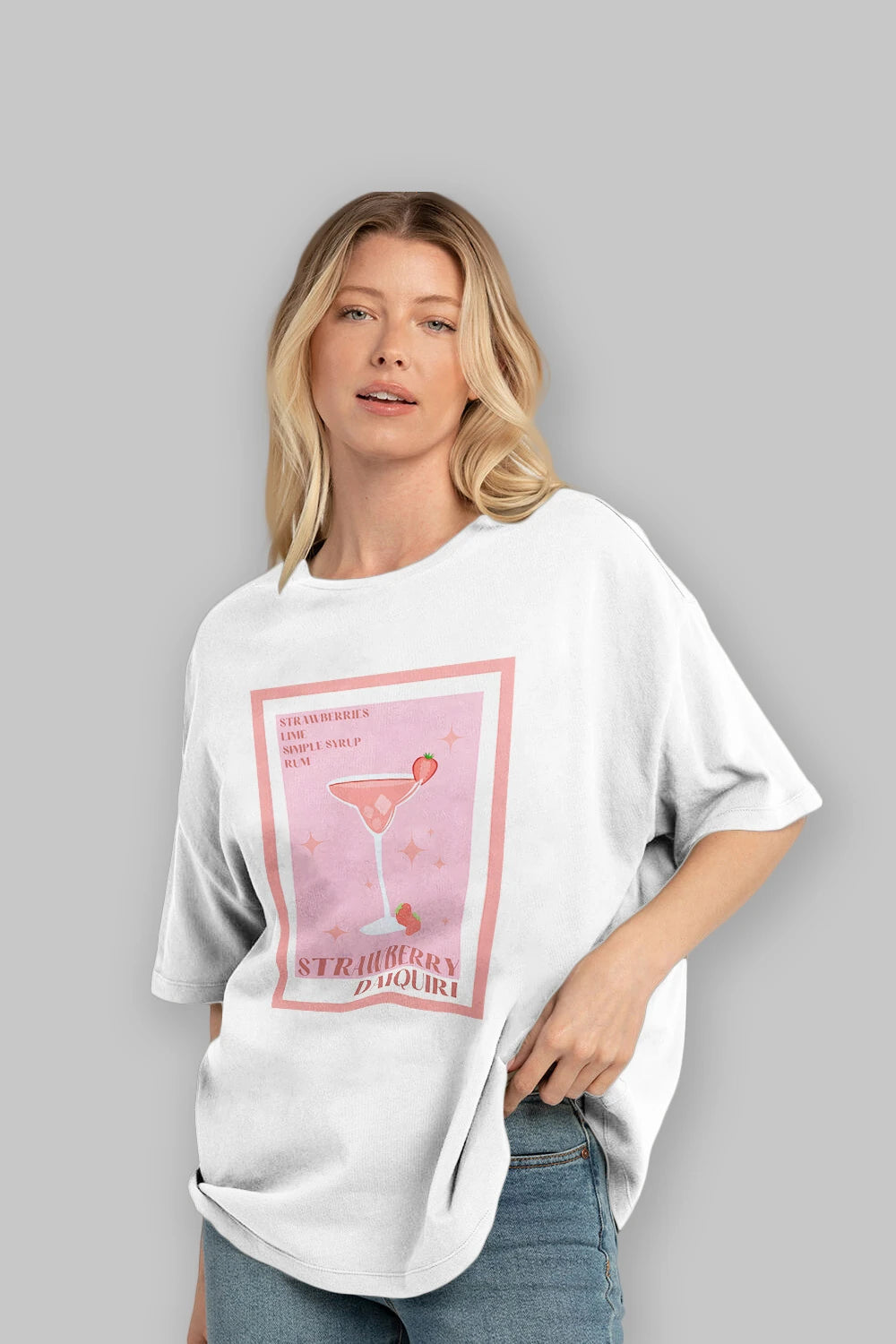 Strawberry Daiquiri Ön Baskılı Oversize t-shirt Erkek Kadın Unisex %100 Pamuk Bisiklet Yaka tişort