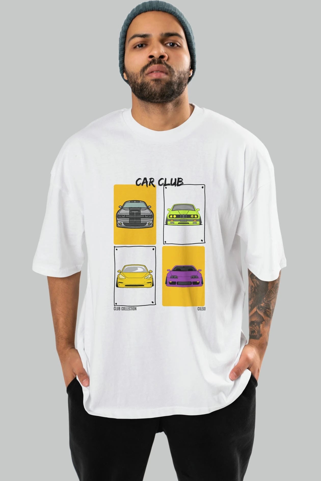 Car Club ön Baskılı Oversize t-shirt Erkek Kadın %100 Pamuk Bisiklet Yaka tişort
