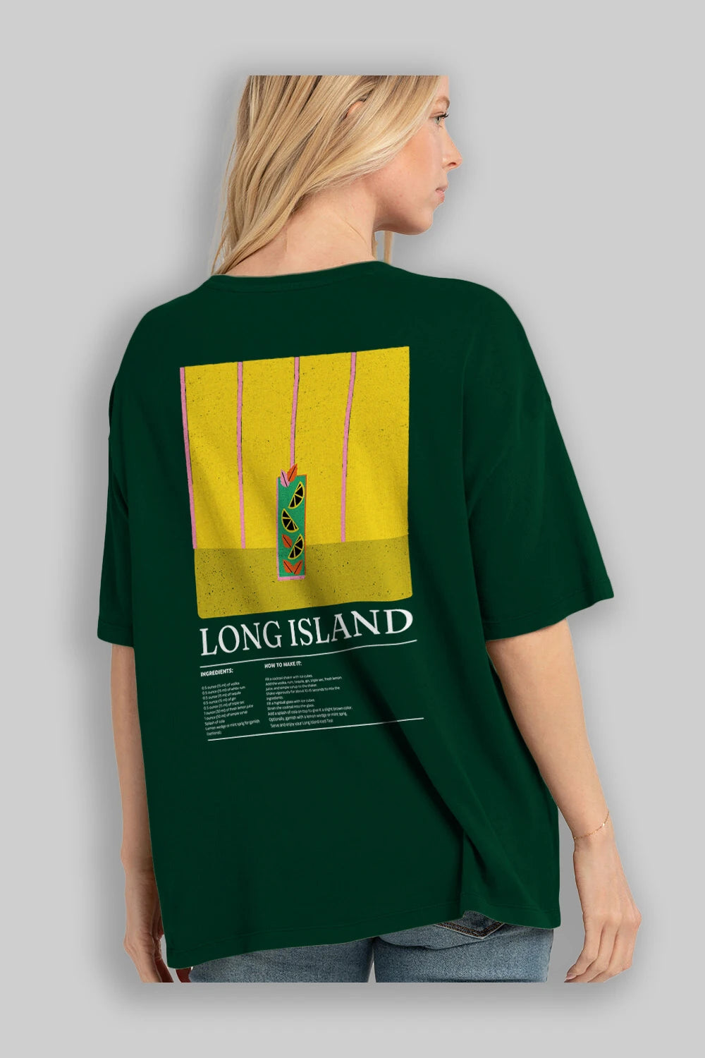 Long Island Kokteyl Serisi Arka Baskılı Oversize t-shirt Erkek Kadın %100 Pamuk Bisiklet Yaka tişort