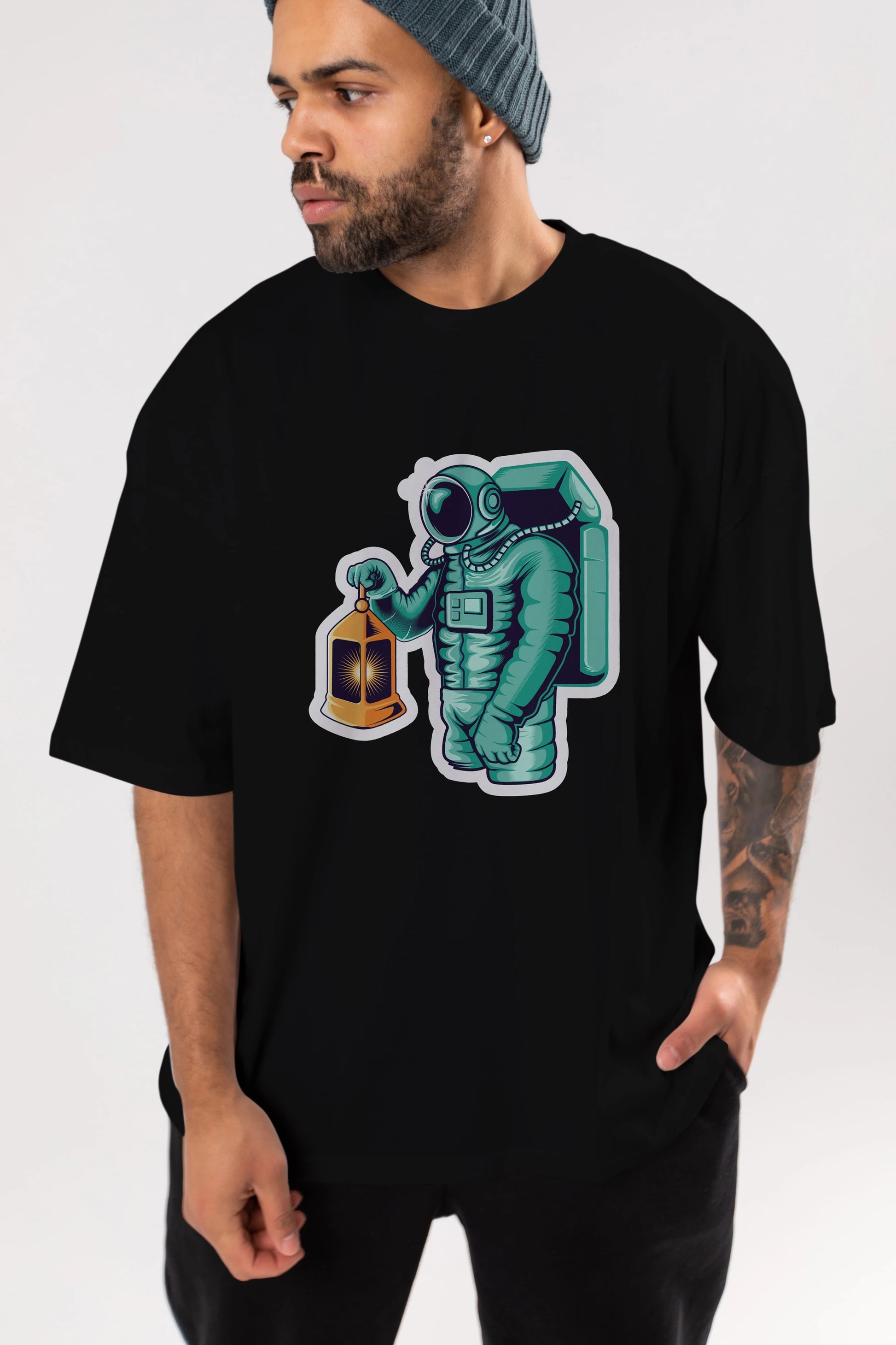 Astronaut Lantern Sticker Ön Baskılı Oversize t-shirt Erkek Kadın Unisex