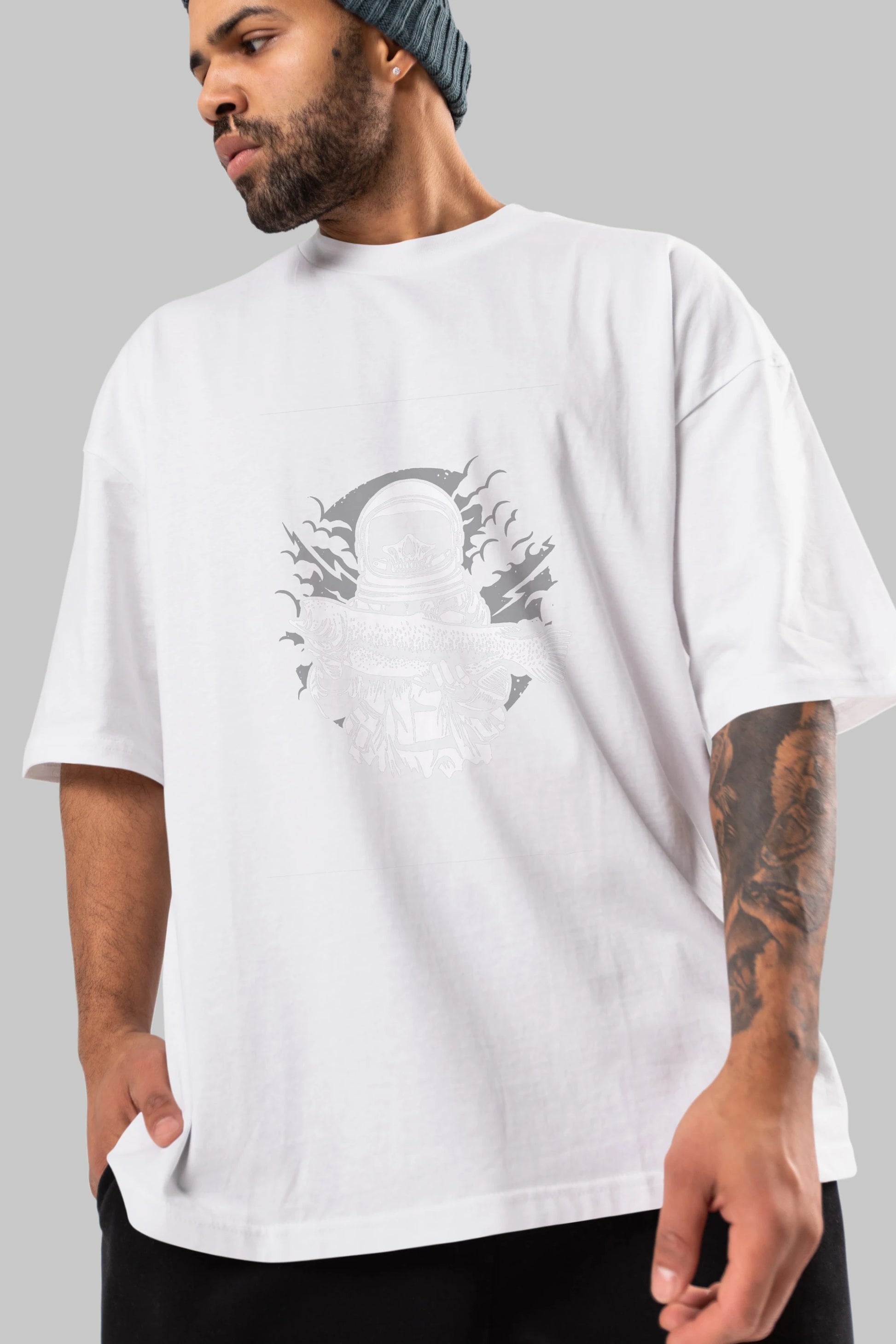 Astronaut Fishing Ön Baskılı Oversize t-shirt Erkek Kadın Unisex %100 Pamuk tişort