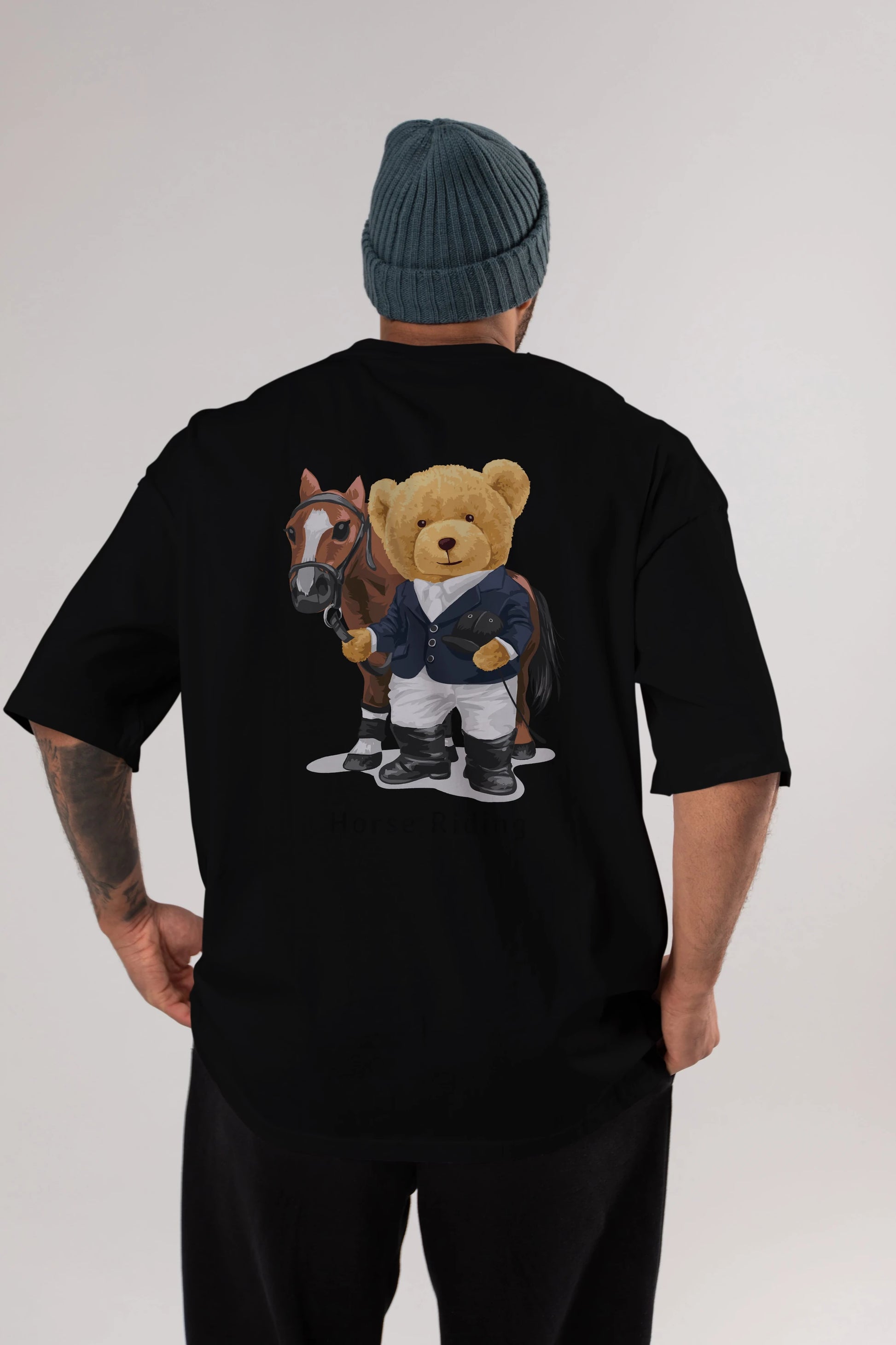 Teddy Bear Horse Riding Arka Baskılı Oversize t-shirt Erkek Kadın Unisex %100 Pamuk