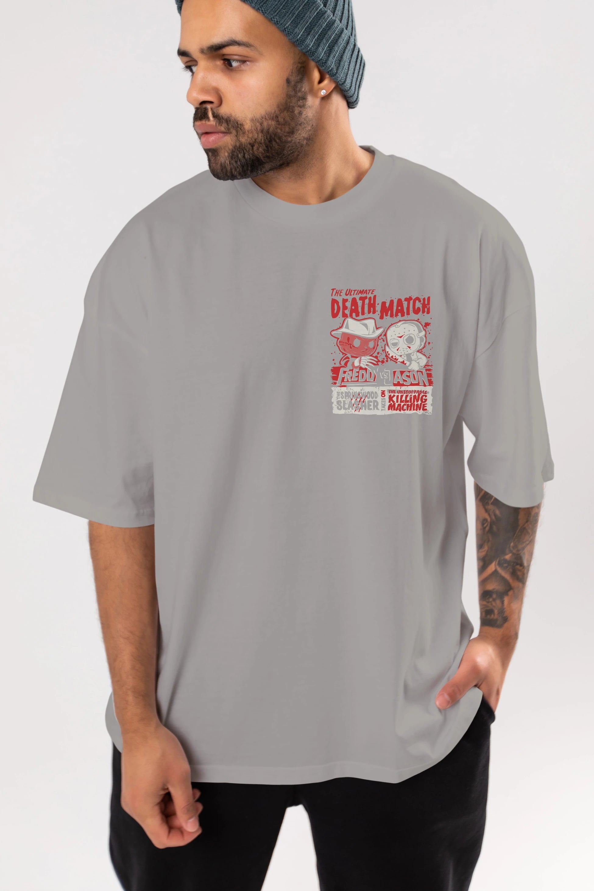 Freddy vs Jason Ön Sol Baskılı Oversize t-shirt Erkek Kadın Unisex %100 Pamuk Bisiklet Yaka tişort