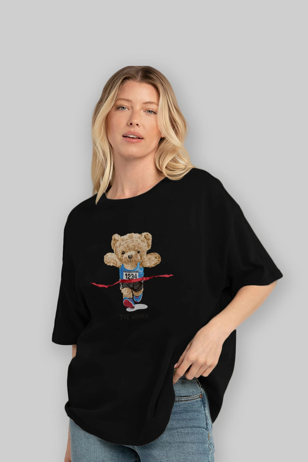 Teddy Bear The Winner Ön Baskılı Oversize t-shirt Erkek Kadın Unisex %100 Pamuk