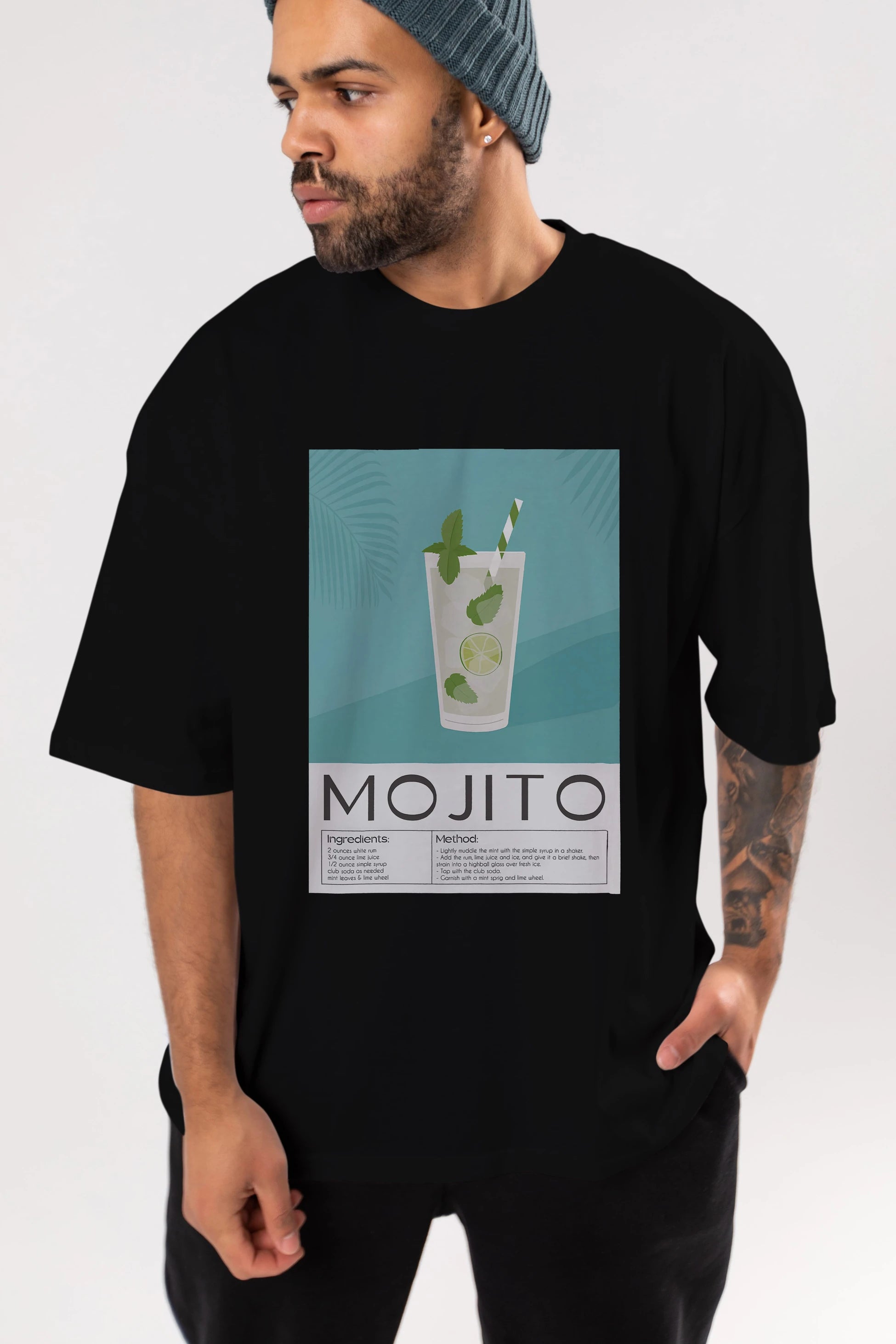 Mojito 4 Ön Baskılı Oversize t-shirt Erkek Kadın Unisex %100 Pamuk Bisiklet Yaka tişort