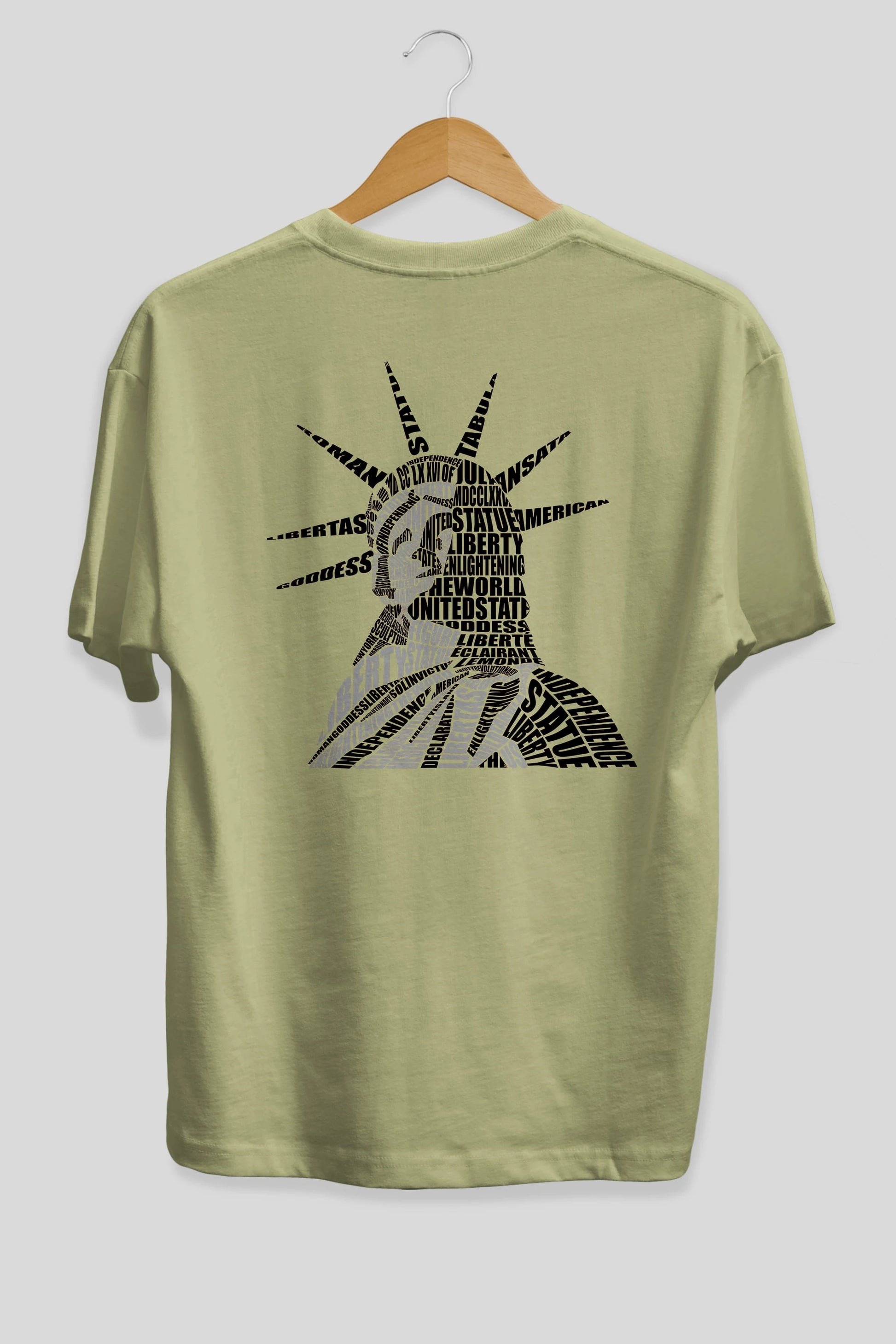 Liberty Statue Calligram Arka Baskılı Oversize t-shirt %100 pamuk Erkek Kadın Unisex