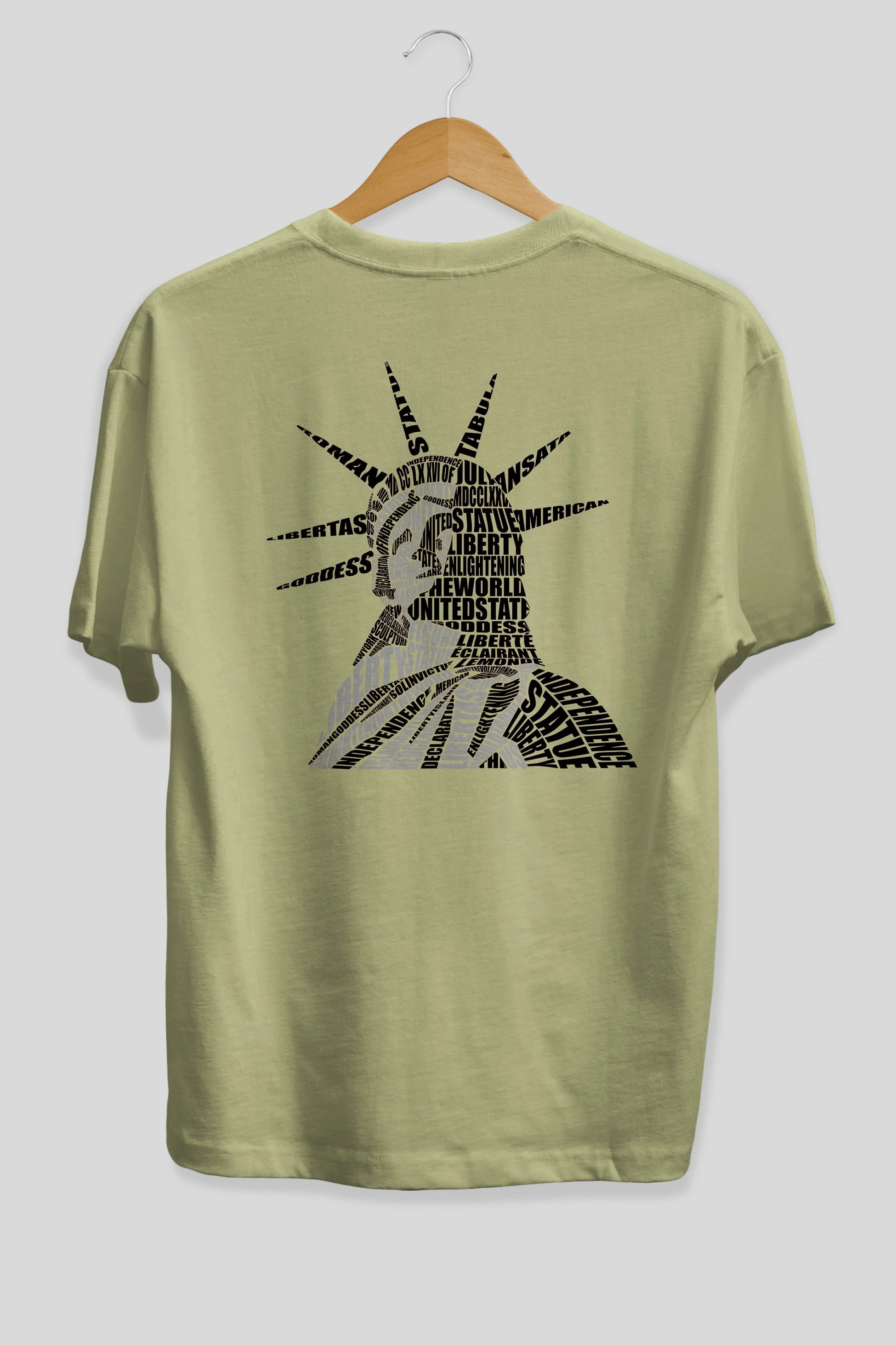 Liberty Statue Calligram Arka Baskılı Oversize t-shirt %100 pamuk Erkek Kadın Unisex