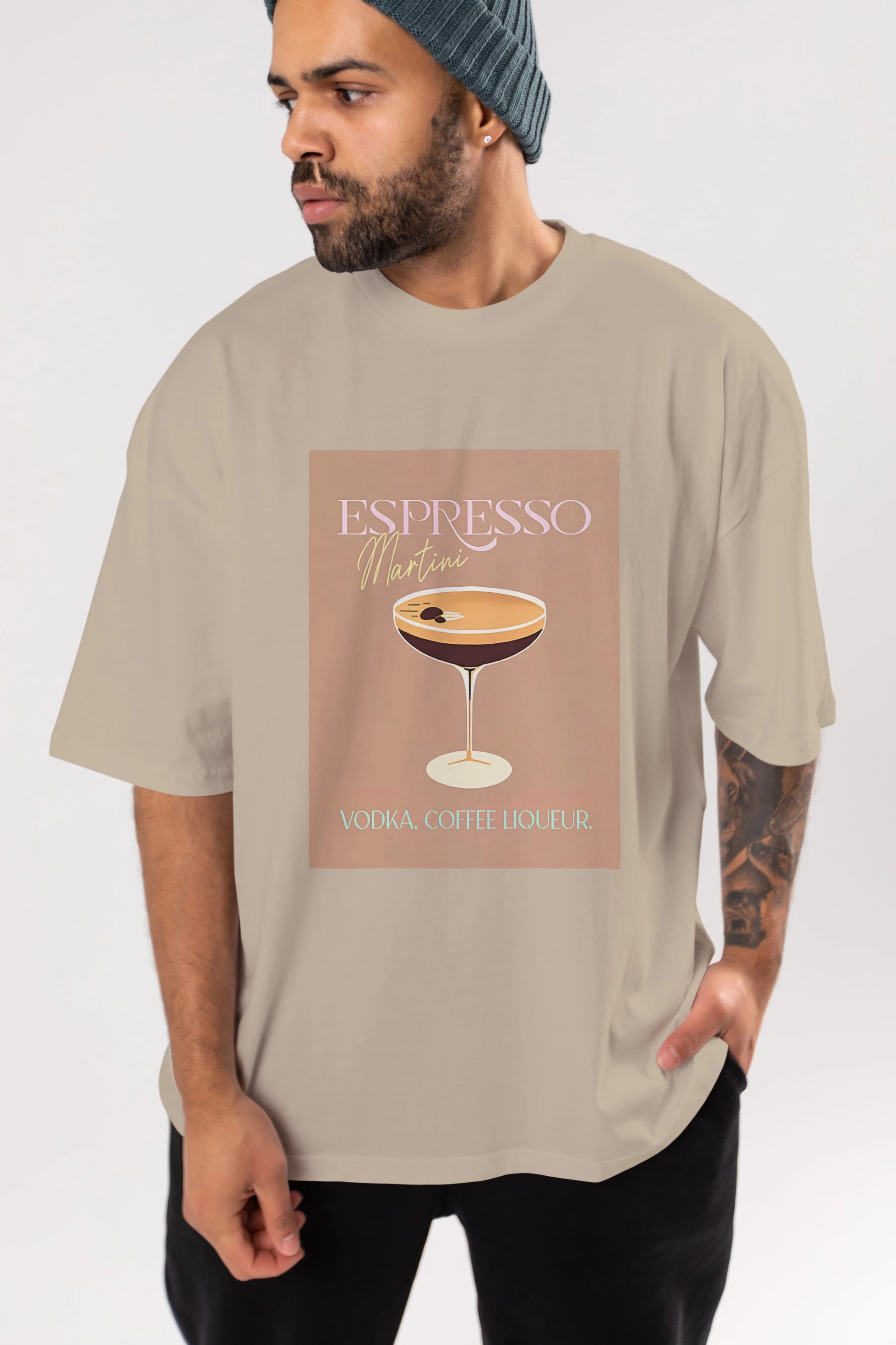 Espresso Martini Cocktail Ön Baskılı Oversize t-shirt Erkek Kadın Unisex %100 Pamuk Bisiklet Yaka tişort