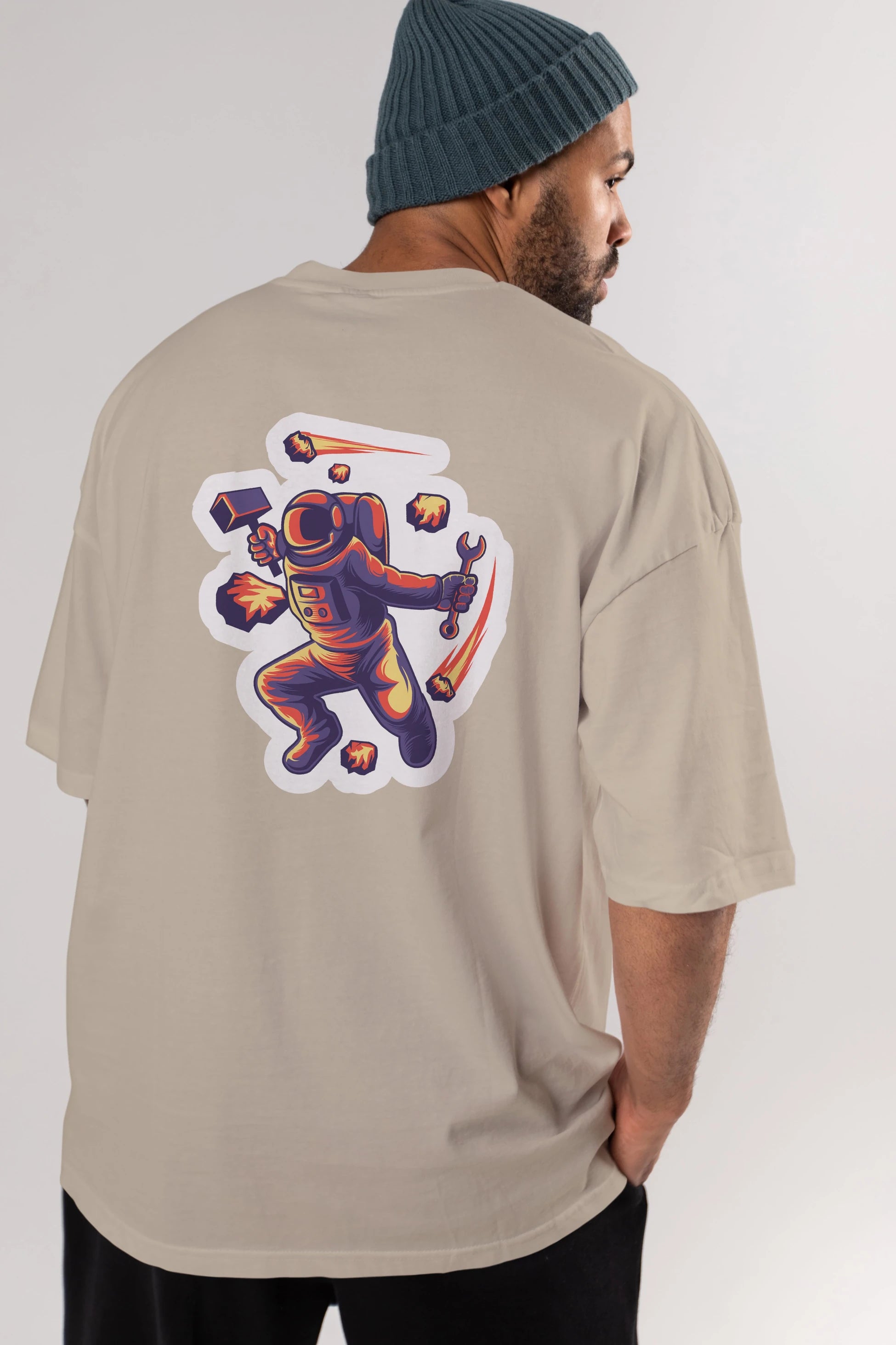 Astronaut Block Meteor Sticker Arka Baskılı Oversize t-shirt Erkek Kadın Unisex