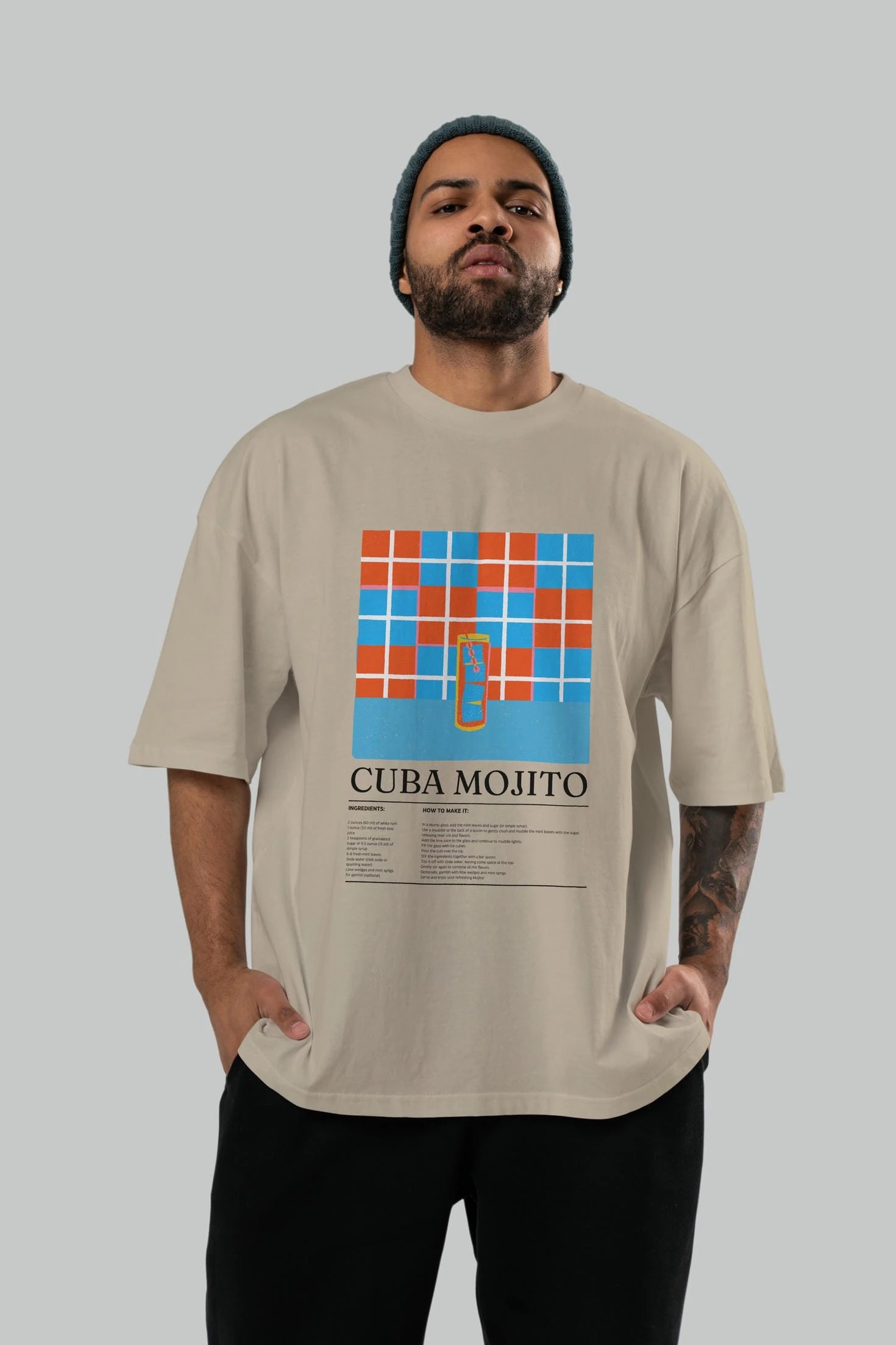 Cuba Mojito Kokteyl Ön Baskılı Oversize t-shirt Erkek Kadın %100 Pamuk Bisiklet Yaka tişort