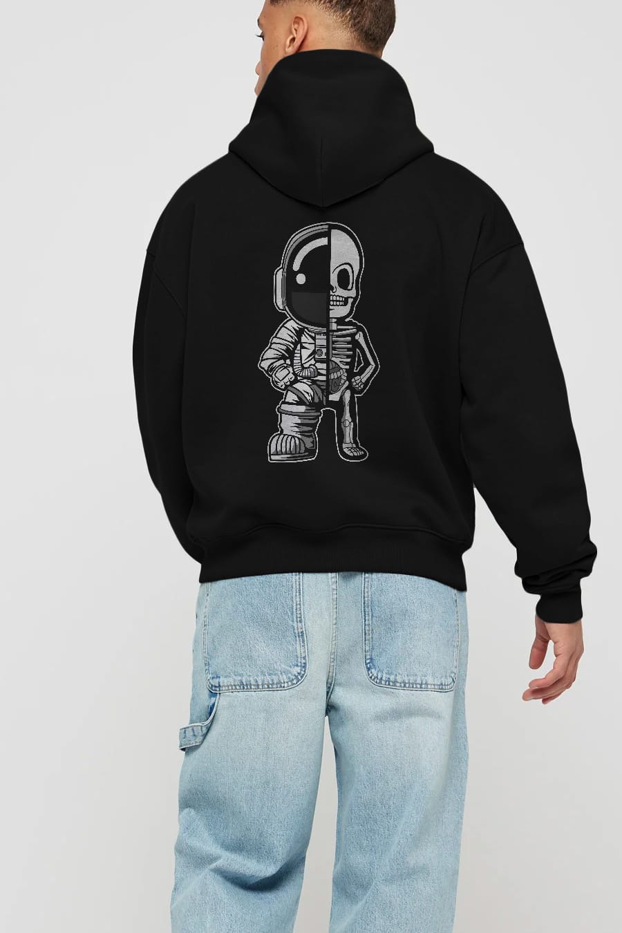 Astronaut Half Skeleton Arka Baskılı Hoodie Oversize Kapüşonlu Sweatshirt Erkek Kadın Unisex
