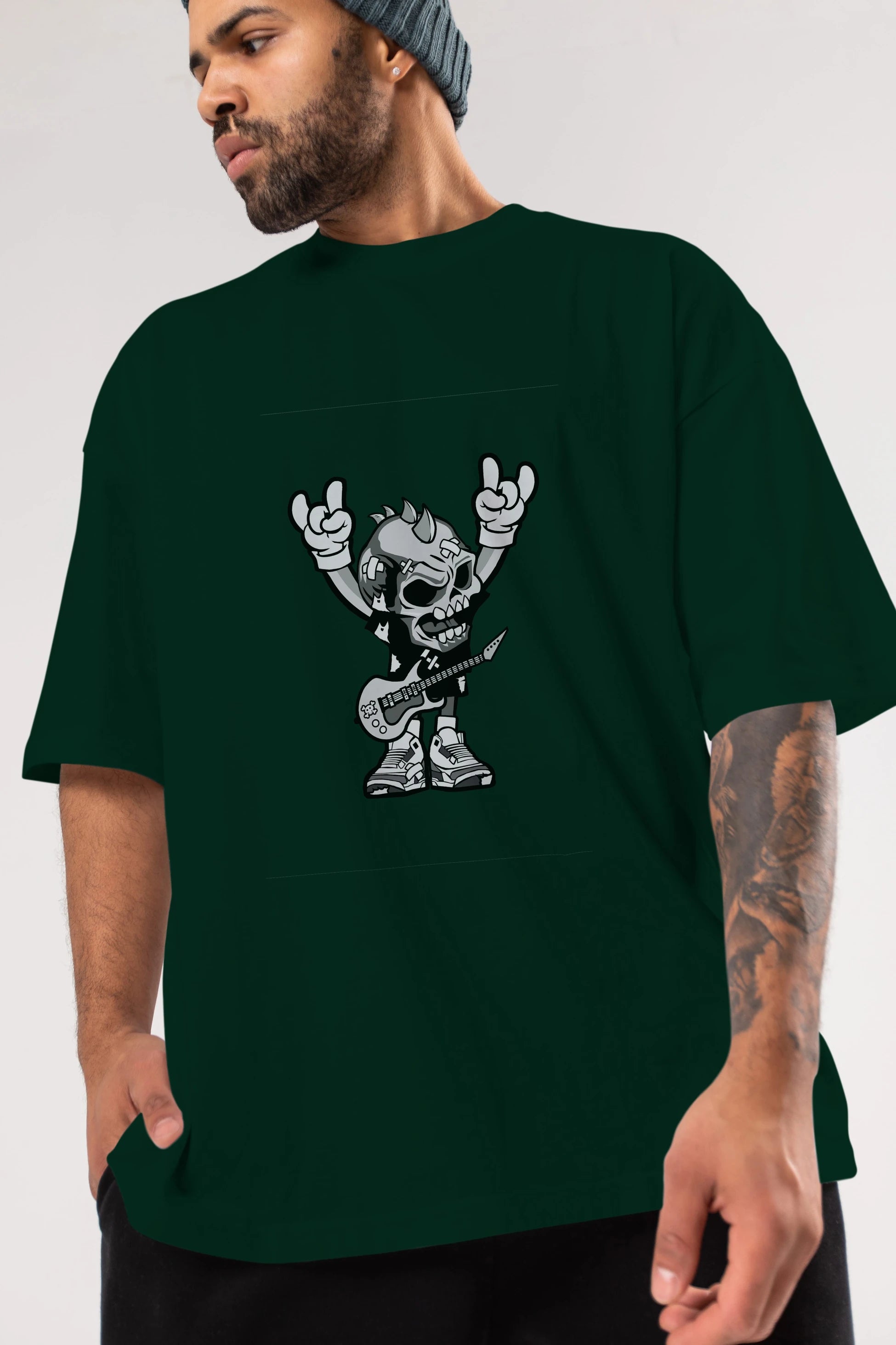 Punk Rock Skull Ön Baskılı Oversize t-shirt Erkek Kadın Unisex %100 Pamuk tişort