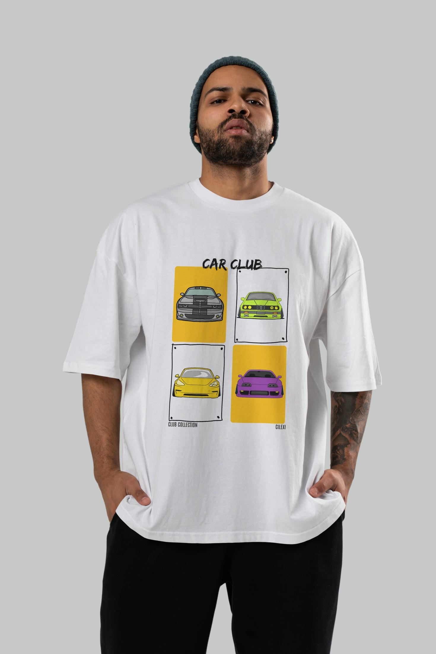 Car Club ön Baskılı Oversize t-shirt Erkek Kadın %100 Pamuk Bisiklet Yaka tişort