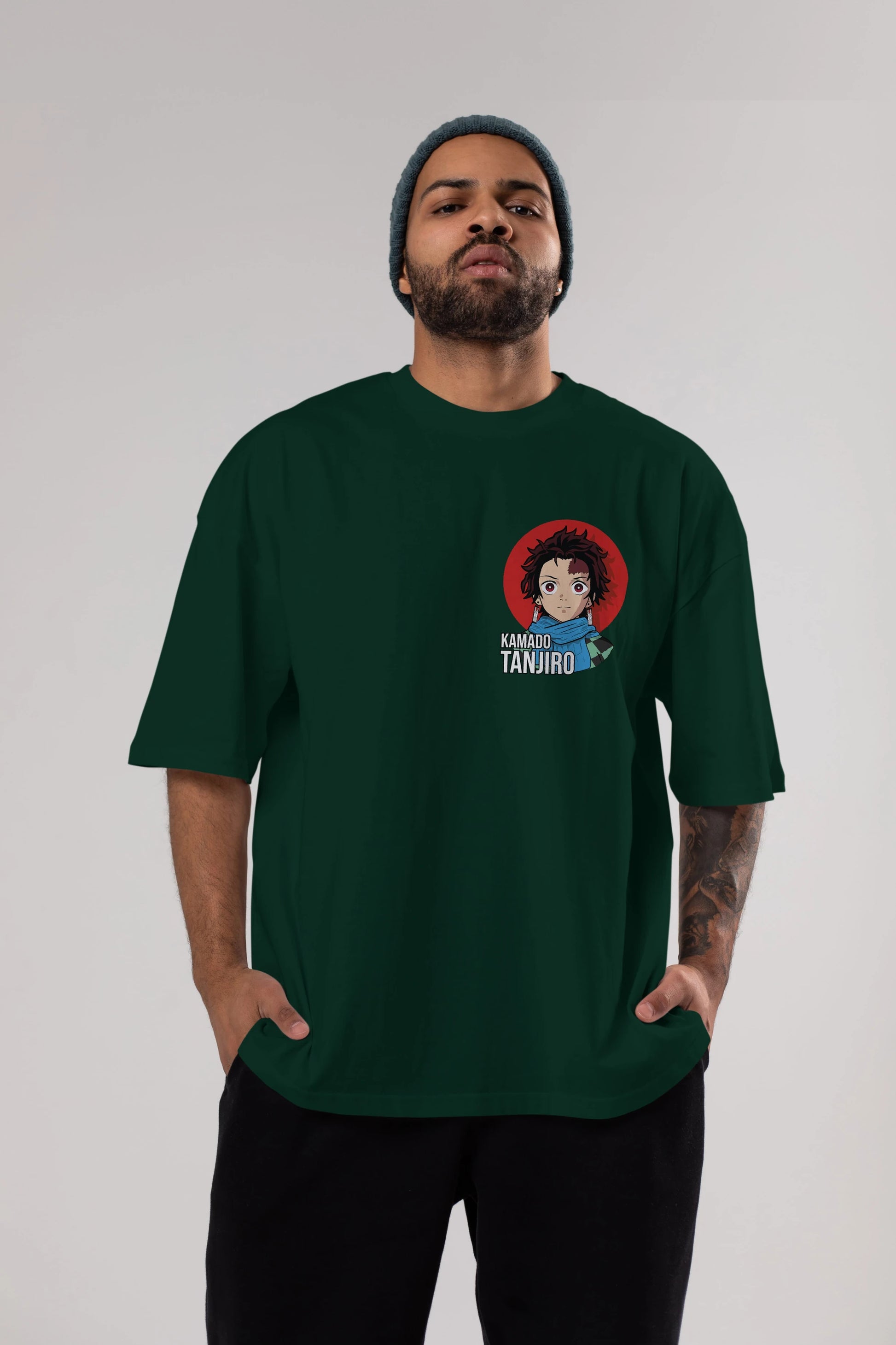 TANJIRO KAMADO Ön Sol Baskılı Oversize t-shirt Erkek Kadın Unisex %100 Pamuk Bisiklet Yaka tişort